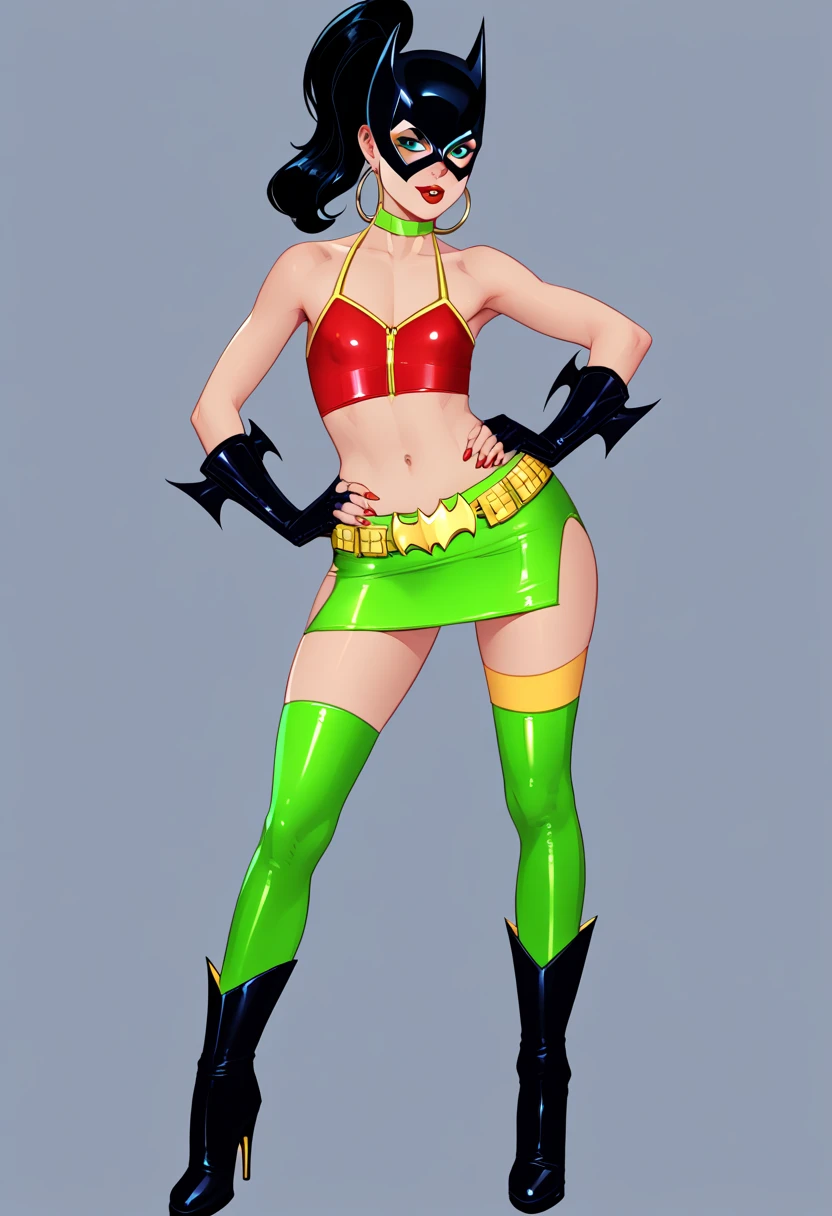 <lora:ClothingAdjuster3:-0.5>,<lora:(The Powerpuff Girls) Buttercup:0.8>,(Buttercup:1.5),1girl,solo,(short black hair, messy hair, green eyes:1.2) BREAK
perfect face,perfect eyes,jewelry,earrings,bare midriff BREAK
(green makeup, green mascara, green eyeshadow, green lipstick:1.3) BREAK
(green choker,small green leather jacket,green tubetop with cleavage cutout,green miniskirt:1.2),(covered nipples:1.2) BREAK
(white thighhighs:1.2) BREAK
(black belt, black highheels:1.1) BREAK
(revealing cleavage:1.1),exposed medium breasts,covered nipples BREAK
(medium breasts:1.2),(nipples:1.2),(black pubic hair,black hair on pussy,black hairy pussy:1.2) BREAK
(nighttime, dark city street background, detailed background:1.1),(green neon lighting:1.1),dark romantic lighting,(highly detailed:1.2) BREAK
(ambient lighting:1.1)(ultra realistic,32k,RAW photo:1.1),(high detailed skin:1.1),8k uhd,dslr BREAK
high quality,film grain,(shiny glossy translucent clothing:1.1) BREAK
looking at viewer,(seductive smile, sexually suggestive:1.3),full shot,insanely detailed,best quality,masterpiece,(photorealistic:1.2),<lora:Bruc3T1mm:0.8>,