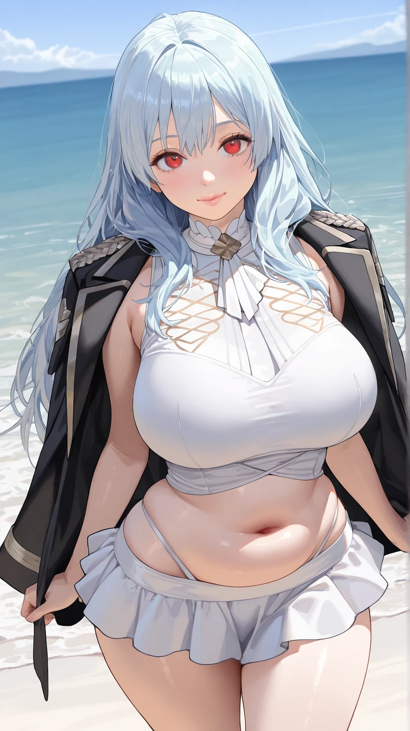(tmasterpiece,best qualtiy),((1girll,(a matural female)long whitr hair),(Dragon's horn)),(arms behind the back,looking at viewert,Light smile,cropped shoulders,cowboy lens),(color difference),Pregnant women with,huge tit,Showing the belly,Tong,shot on the body,The white liquid is drizzled all over the body,nipple bump(nakeness:1.3)