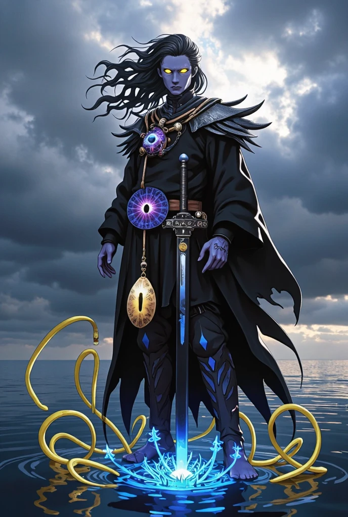 ((best quality)), ((masterpiece)), (detailed), god of destruction, godliness, destruction, chains, he controls chains, he is holding a sphere. He has dark clothing, purple, black. The orb is dark and has chains going around it. Behind him is the moon. He is a male, male, covered legs,