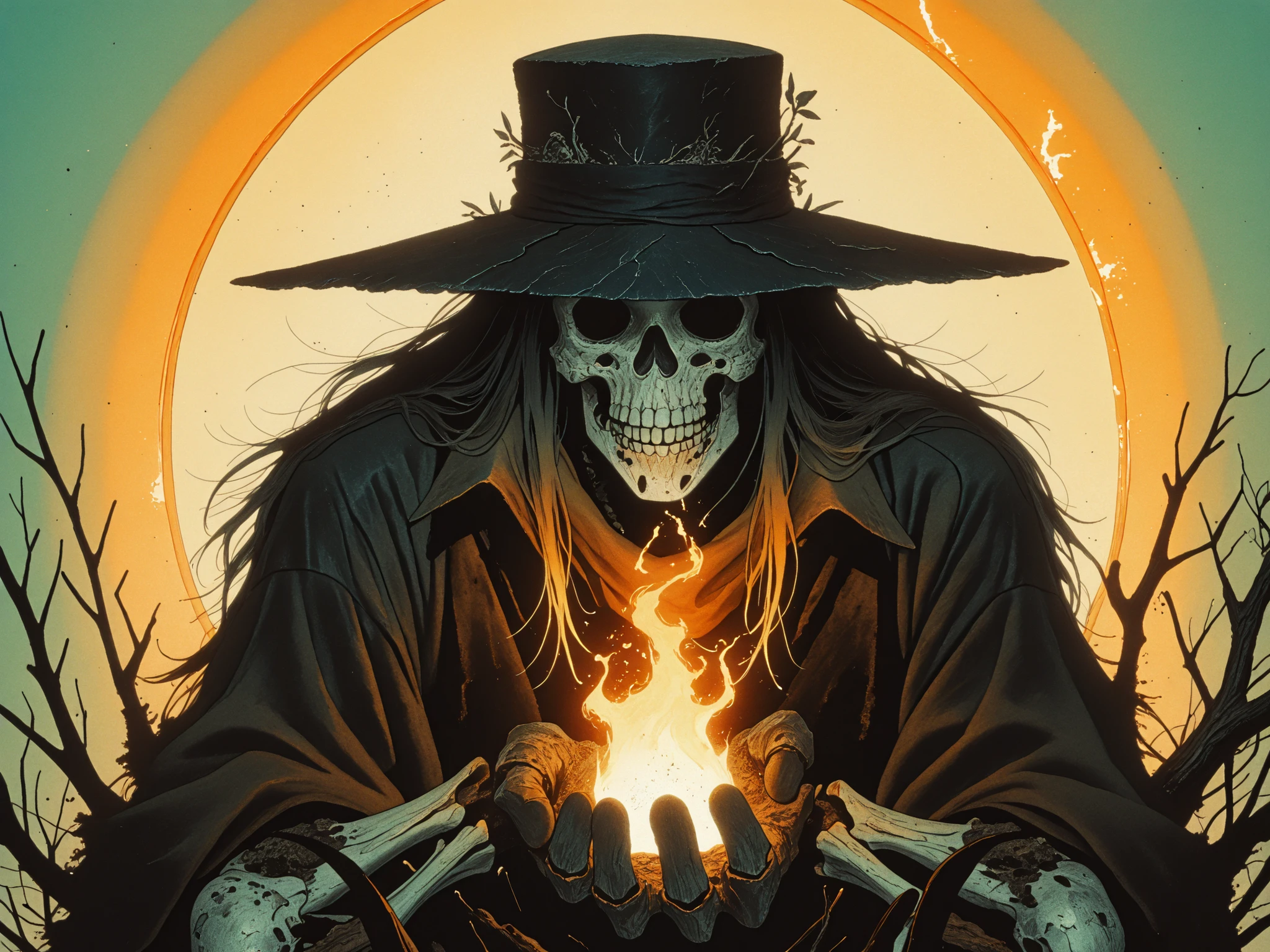 > "A dark, eerie forest at night, drenched in cold moonlight and deep shadows. In the center, 'The Blackcoat' from Hunt: Showdown, crouching low in the underbrush. He's wearing his iconic long black duster coat, wide-brimmed hat casting a heavy shadow over his eyes. His face is partially obscured, but his expression is grim and focused. He holds an old, rusted oil lamp in one gloved hand, its dim, flickering flame casting a small circle of warm orange light — the only source of warmth in the image. All around him, twisted trees loom with gnarled branches, some covered in moss, others skeletal. A thick fog creeps along the ground. The scene is styled in retro anime aesthetics — grainy texture, muted colors, heavy shadows, and dramatic lighting contrast. The Blackcoat’s silhouette is sharp against the gloom, evoking tension and mystery. Subtle glints from weapons at his belt hint at danger. The mood is oppressive, quiet, and full of dread — something unseen stalks just beyond the glow of the lantern."