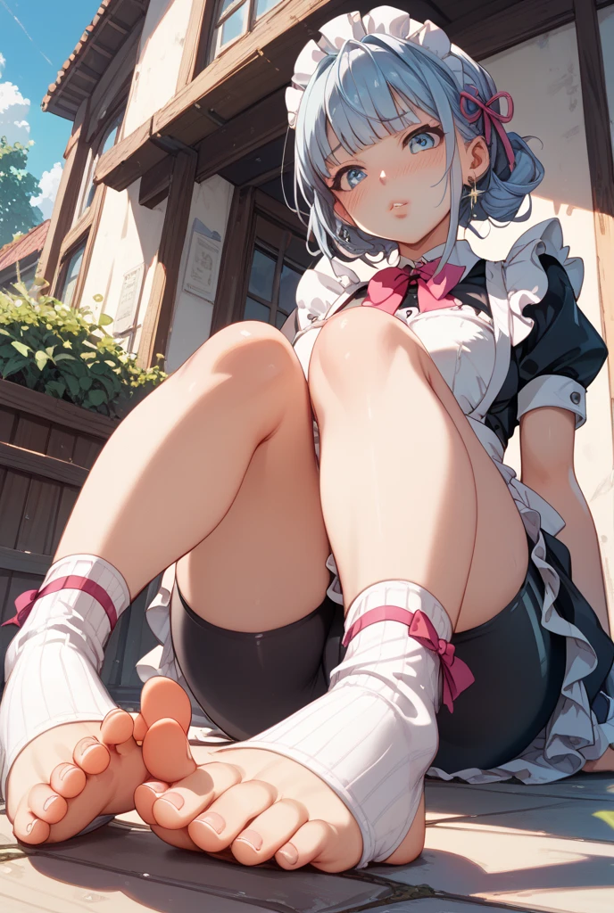 Young girl with grey hair, ((fringed and curly hair)),((curly short twintail)), curly hair ,(red eyes),, ((small bushy eyebrows)), wearing gothic ta clothing, loli, walking to school, bored look, bored face,, (sitting with legs open lifting her skirt to show her vagina wet with semen),