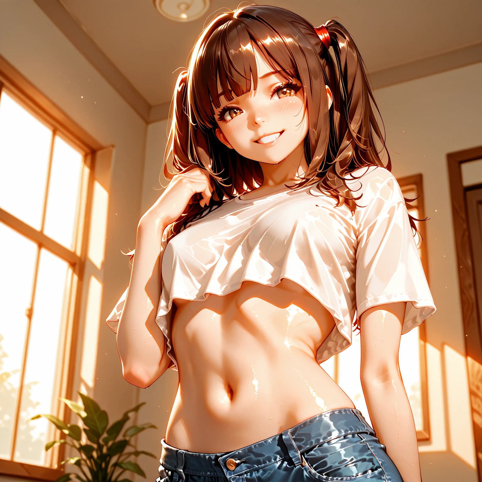 1girl em(((Rindo)))、Climaxing:1.3, atalho、masutepiece、Funds are generated randomly、( Printed cucumber illustration shirt )、cabelos castanhos e densos、Corte GI Vermelho、Fugindo、Fundo bokeh:1.5