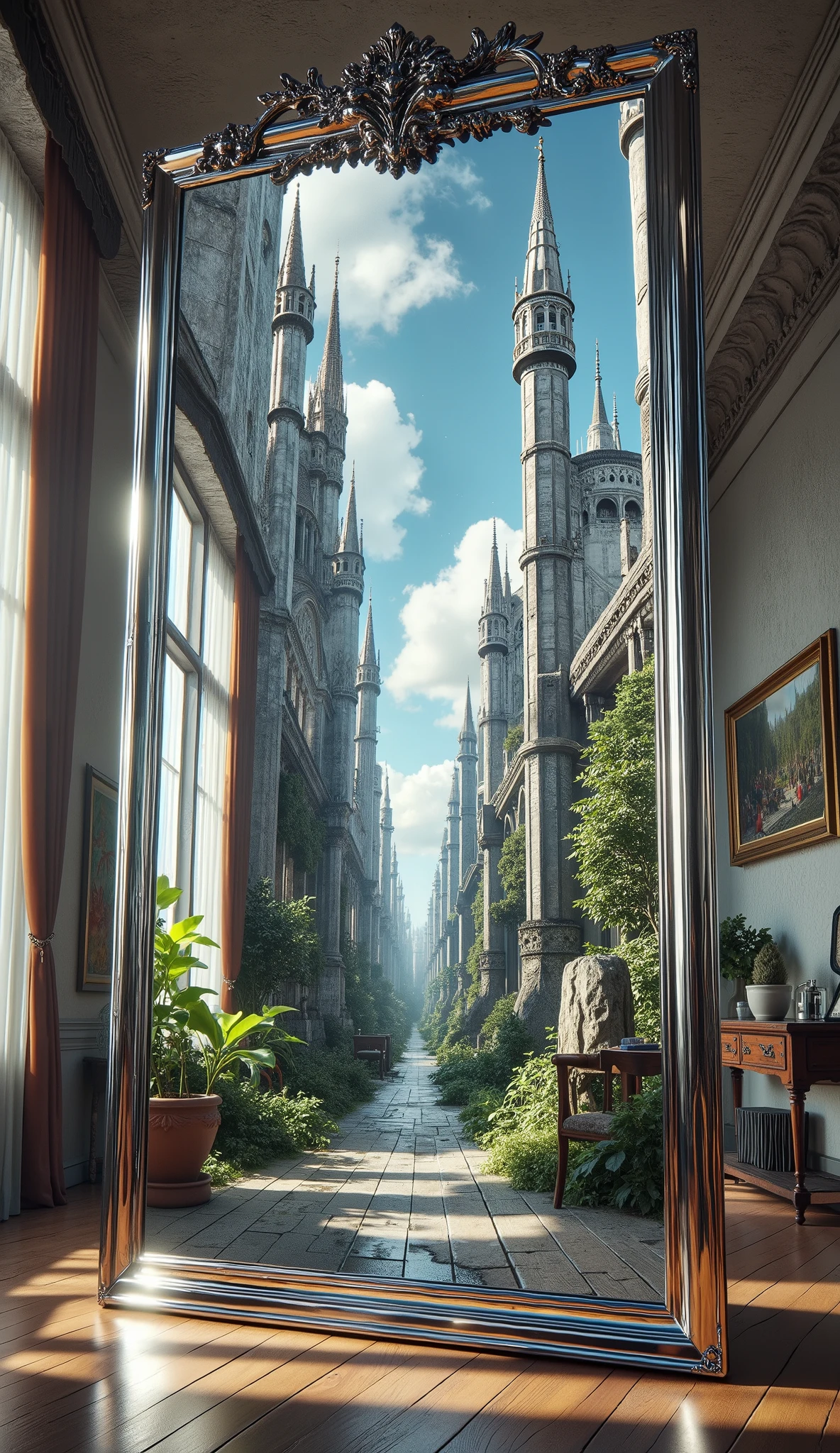 A massive, simple, upright mirror, centered in the frame, facing the viewer, reflecting a fantastical surreal self-space, highly detailed, cinematic lighting, epic composition, masterpiece, stunning, 8k, octane render, fantasy art, surrealism, dreamlike.
