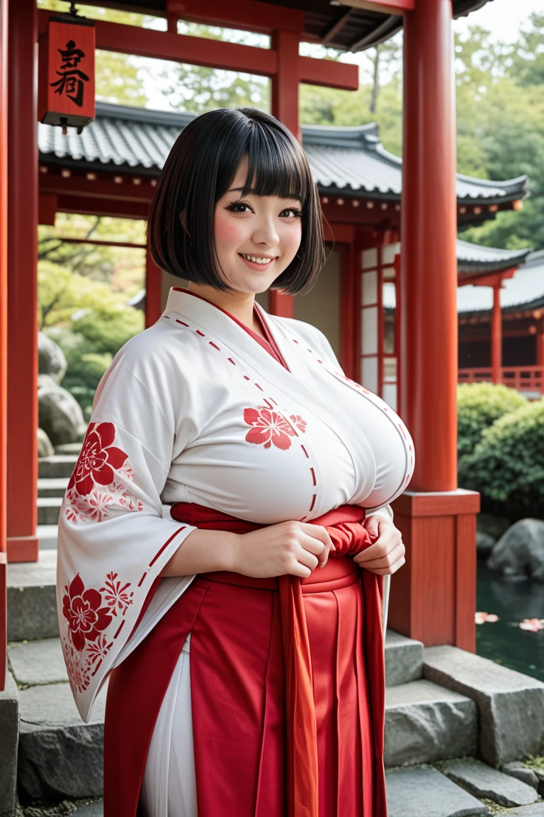 (Highest quality、In 8K、Masseter muscle area、Delicate illustrations)、Beautiful Japanese Shrine Maiden(A kind smile)、(Plump body 1.1)、((White kimono and red hakama)1.1)、Japanese shrines are crowded with people during the New Year.々Bustling with、Full body shot to the toes、Slightly large, plump breasts、