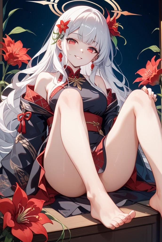 A full-body image of a 12-year-old South Korean girl in traditional Thai attire with intricate gold-black patterns, characteristic of Thailand, lying on a red cushion of a large throne, cheerful and bright, wearing gold jewelry and a black pendant, with white hair, in manga style, with a Korean aesthetic, red eyes, red flower petals floating in the air, hand black nails and foot black nails , big breast , 2160p