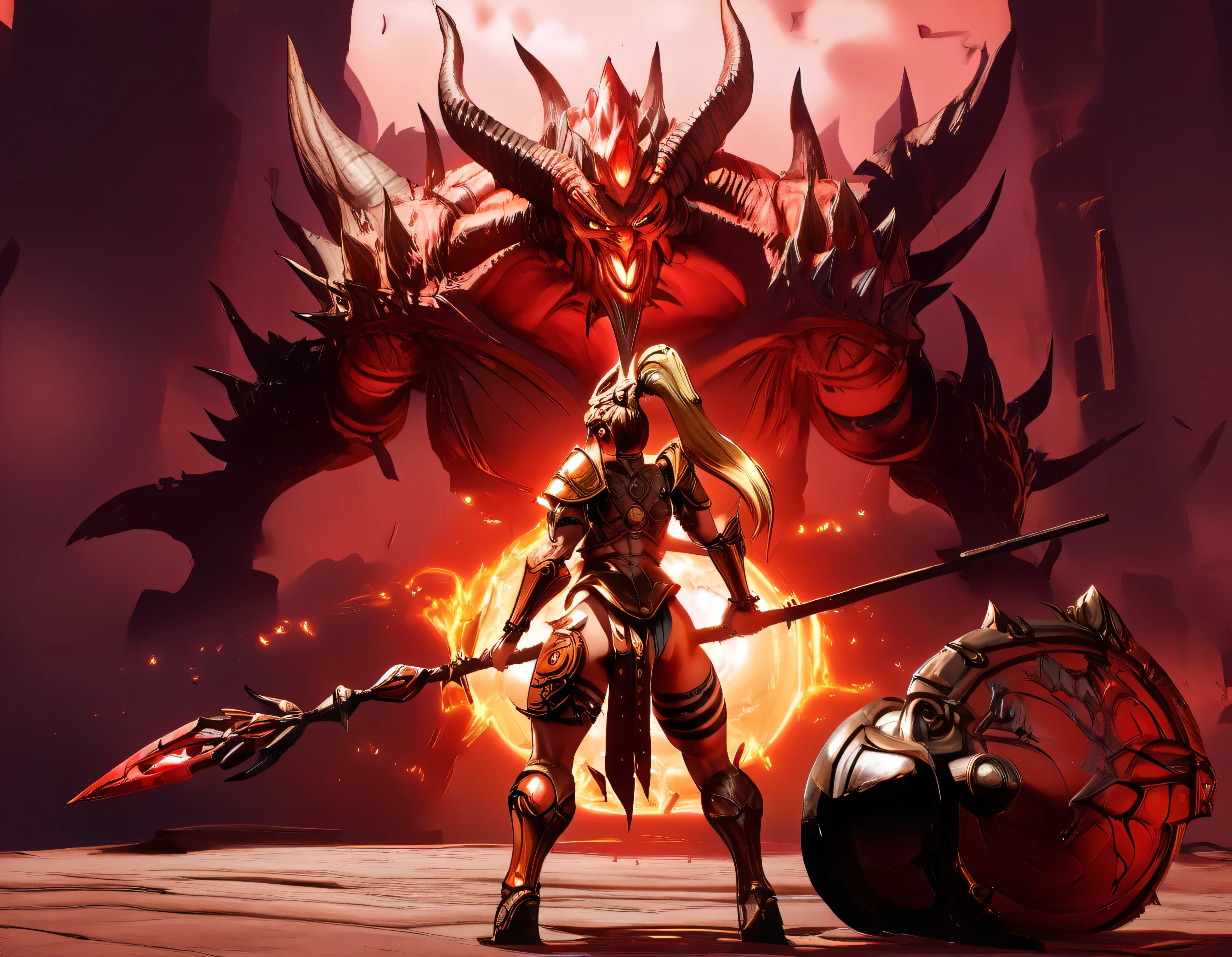 a cinematic action shot of 1girl fighting 1monster, bosstyle, destroyed sanctuary background with a mix of dark green and black color themes, hkstyle, back side view, score_9, score_8_up, score_7_up, masterpiece, best quality, ultra detailed, hdr, BREAK, Amazn, 1girl, long hair, blonde hair, ponytail, circlet, red breastplate, pauldros, armlet, bracer, pelvic curtain, faulds, thigh strap, boots, shield, spear, BREAK, Diablo, 1monster, monster, demon