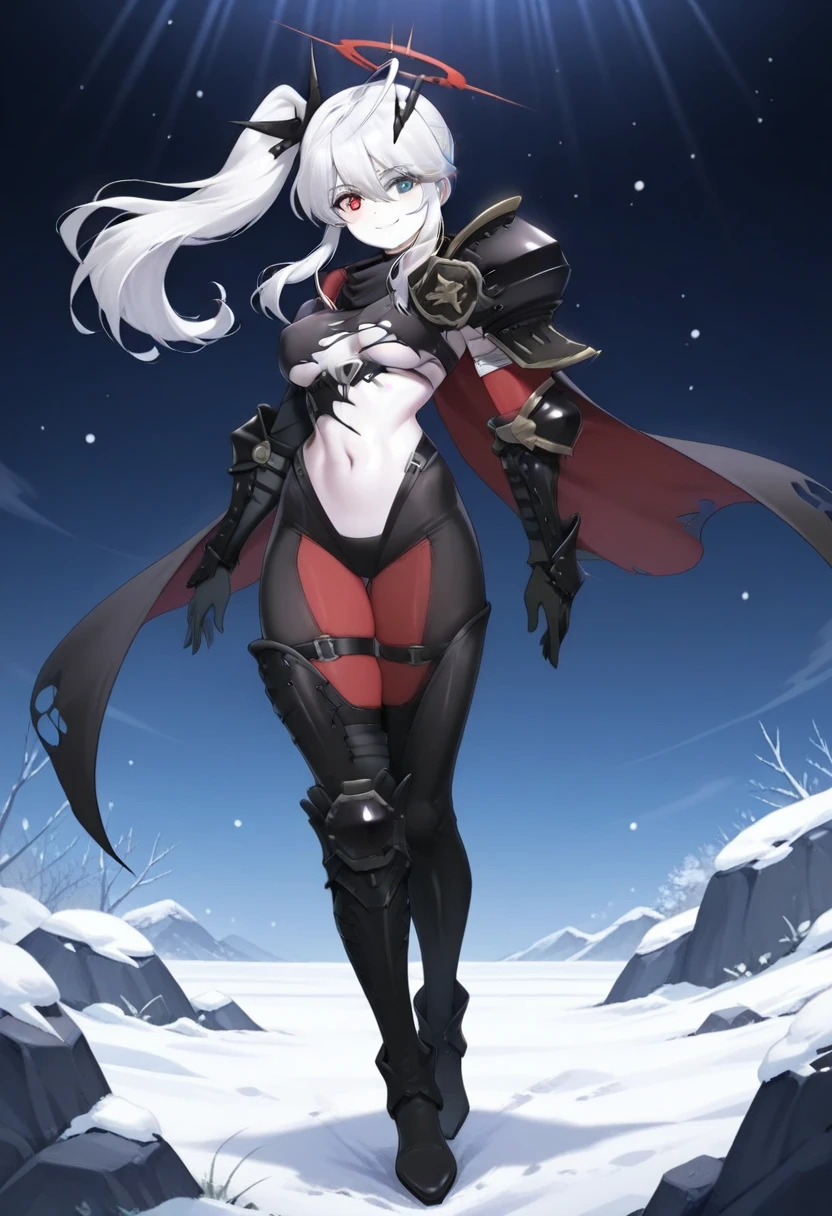 High resolution,high resolution,Girl,(,Blue Skin,Zambara-hair,White Hair,Short Hair,)Red Eyes,Pure,Demon Horns,boyish,slender,Mountain trail,Toned body,,Tube top,Giant Mace,,
