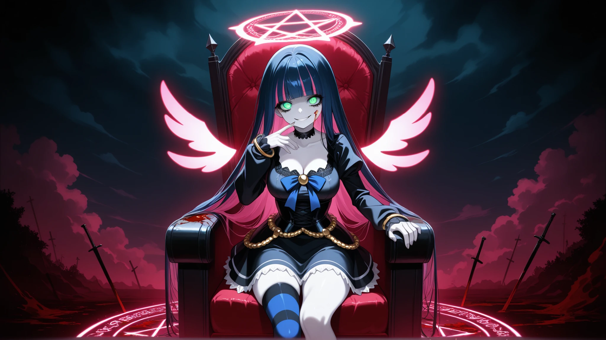 stocking (psg) a beautiful girl holding sword with a creepy face standing in a dark room, finger to mouth, dark room with a throne and a light, her hands on the chains. and her clothing is torn, blood splatters all around her, she is wearing a black choker around her neck and black cuffs on her wrists. background with a pentagram, magic circle, 1girl, solo, unrivaled beauty, square bangs, neon lighting wings, gapmoe yandere, black eyeshadow, very long hair, two-tone hair, cleavage, smirk, green eyes, glowing eyes, long dark-blue hair, colored inner hair pink hair, ribbon, She wears blue-black stripped stockings, single thighhighs, medium breasts, blood on face, gold chains, pale skin, grin, creepy smile, grimdark, hair between eyes, gothic ta style, groin, good-looking, lace trim, miniskirt, taut clothes, fingernails, cloudy sky, (beautiful detailed eyes),Textured eyesStylistic eyes, make up, perfect hands, perfect face, ufotable,detailed, ,dark,gothic,dark theme