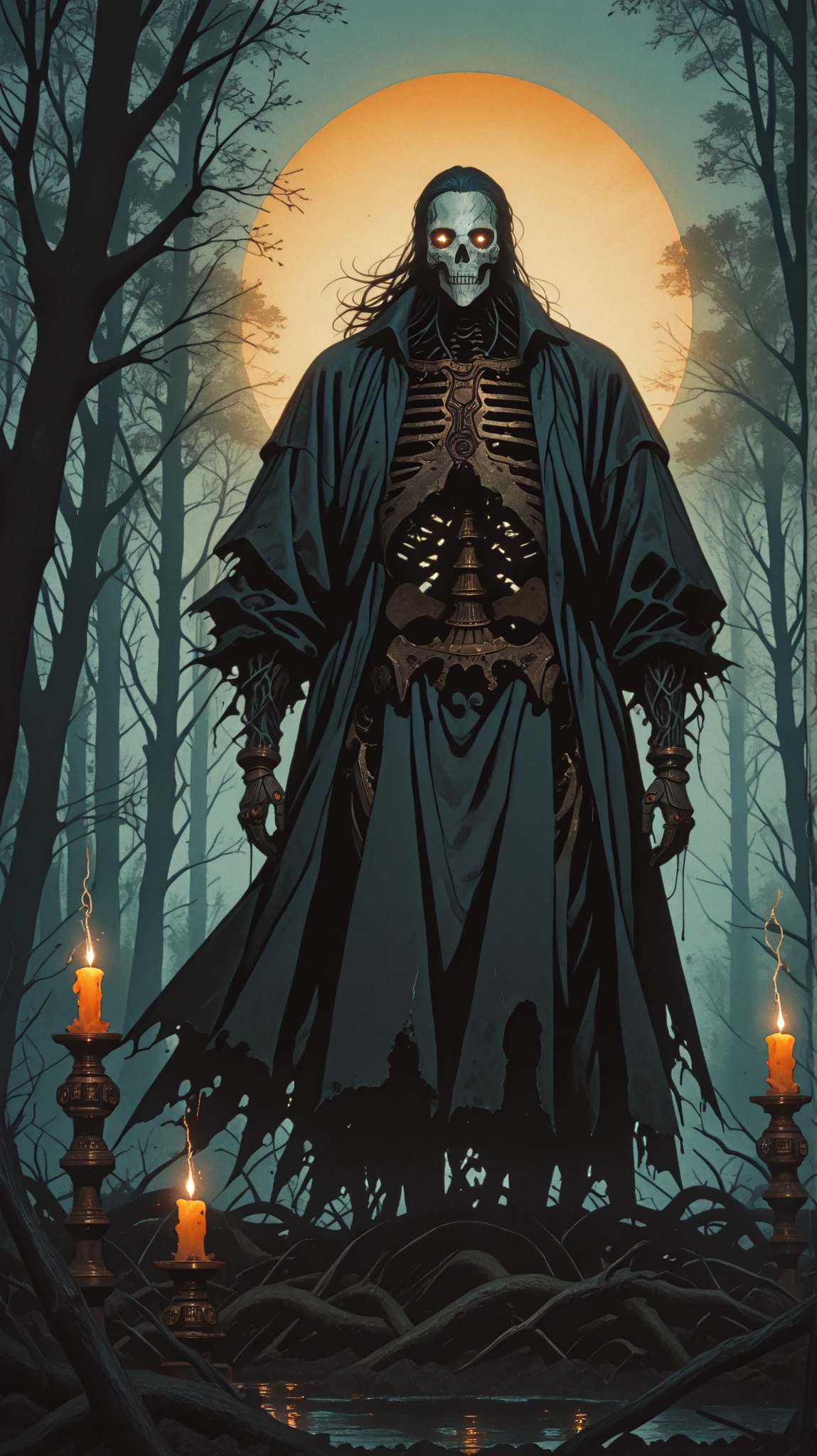 > "Full-body cinematic shot of 'The Blackcoat' from Hunt: Showdown in a dark, oppressive forest at night. He is crouched low, one knee touching the wet forest floor, surrounded by towering, twisted trees with sharp branches. In his left hand, he holds a battered, antique oil lantern, its faint orange glow barely illuminating his shadowed face and parts of his coat — the only warm light in the scene. In his right hand, he grips a large, aged revolver, slightly raised as if he's ready to shoot at the next sound in the darkness. His long black duster coat is damp, tattered at the edges, blending into the mist that curls at his feet.

The camera angle is low and dramatic, tilted slightly upward to emphasize the haunting atmosphere and the looming silhouettes of trees. Distant lightning flickers behind the branches, briefly revealing fog-covered ground and the glint of spent bullet casings. The anime retro style is strong: heavy black shadows, muted desaturated color palette, film grain effect, glowing eyes barely visible in the distant background. The composition creates deep contrast between the warm flicker of the lantern and the icy blue tones of the surrounding woods. It feels like a scene from a lost VHS anime horror film — tense, quiet, and heavy with dread."