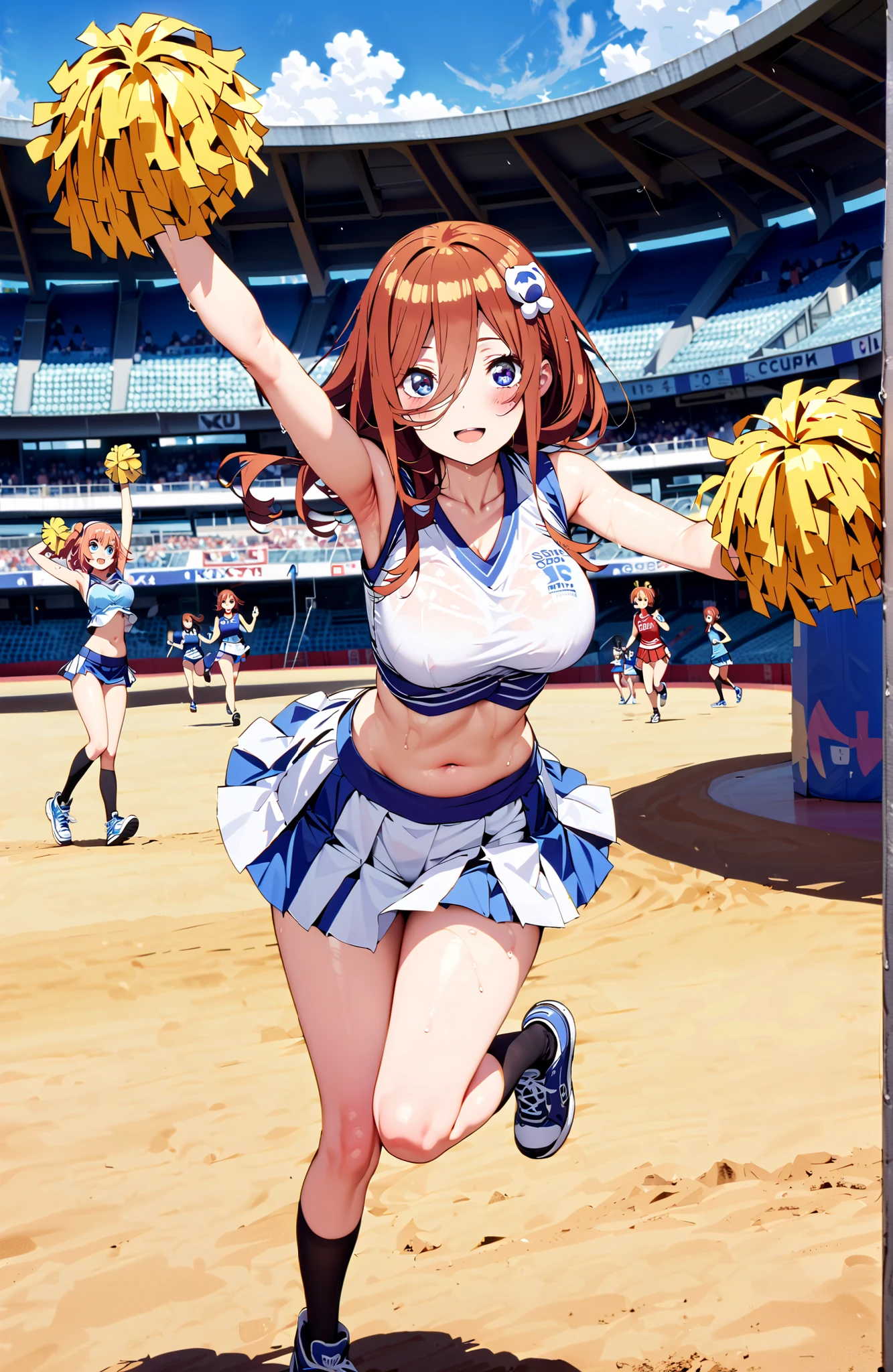 (super flat, flat shading), Honors Type, Really blushing, 17 years old, (cheerleading Match:1.5), 3girls, wearing white (high-cut thong bikini swimwear:1.5), wedgie:1.5, cameltoe:1.7, sports shoes, ponytail brown hair, sweaty healthy body, soaking wet full body with lotion and sweaty, bare legs, navel, ultra realistic, breeze, in crowded public room, (from below:1.5)