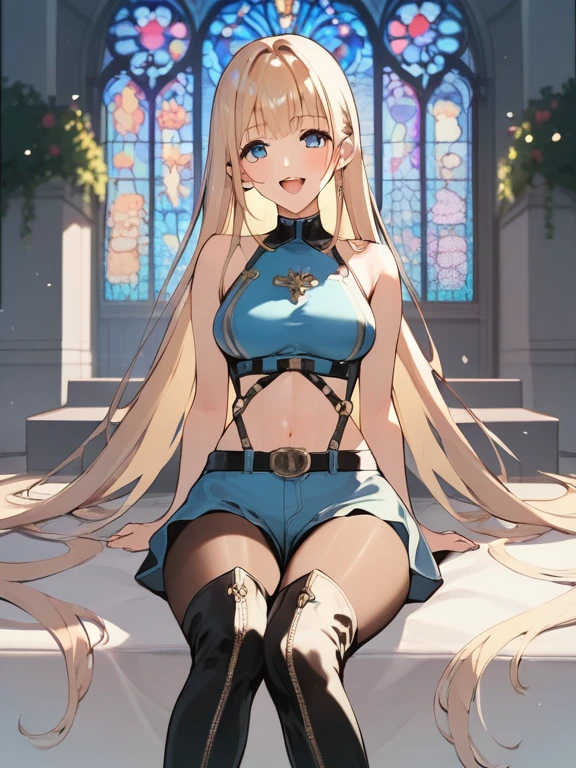 solo, standing skinny girl, long white hair, frilled white sheer dress, very short dress, too tight corset, white thighhighs, white thigh strap, BREAK, red eyes, BREAK, golden tiaras, BREAK, (show off large breasts), cleavage, collarbone, BREAK, skinny long legs, thigh gap, BREAK, smile for viewer