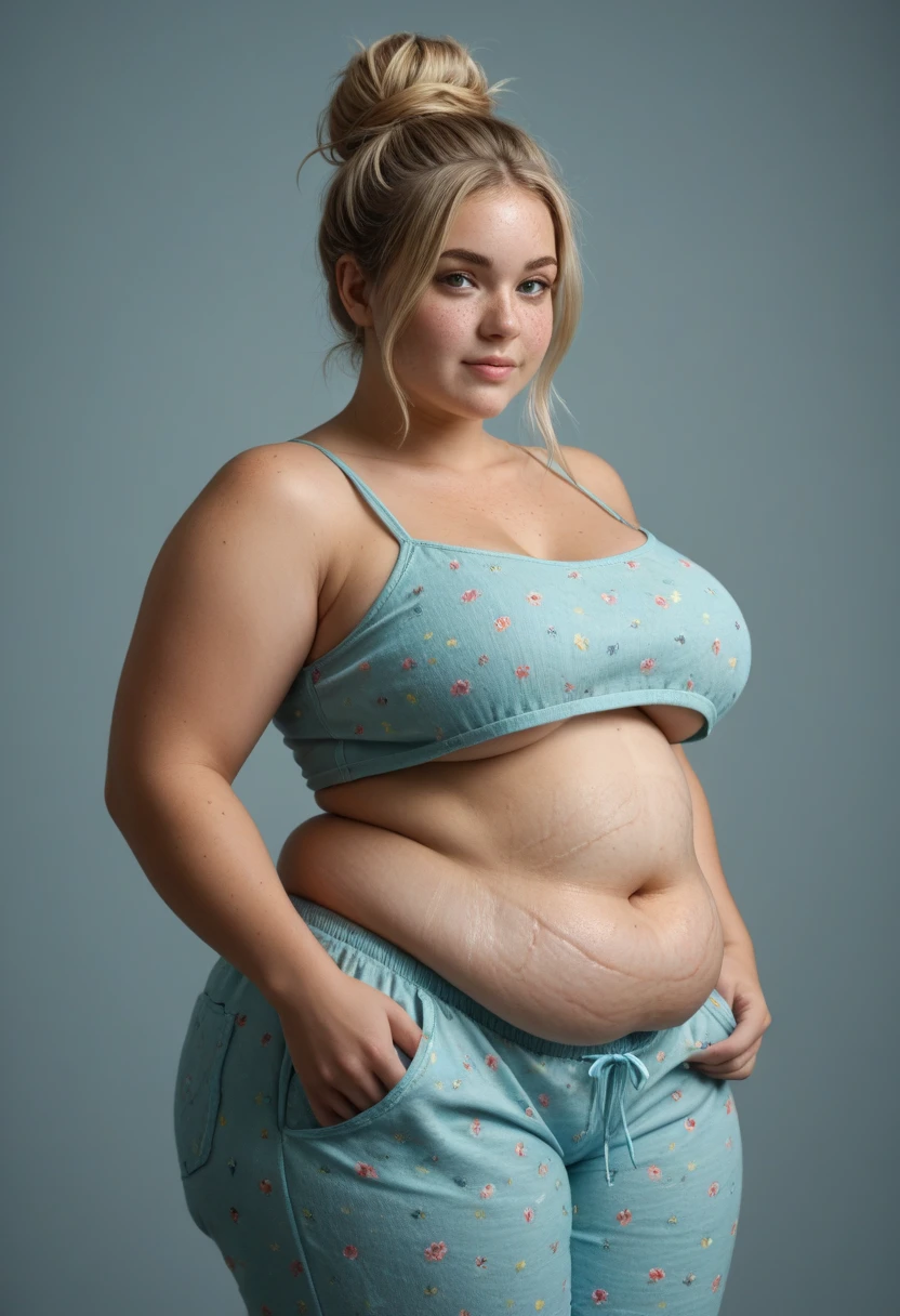 A hot american woman, pretty american woman, long legs, wavy messy blonde hair, (plump body, sagging breasts, braless), ((wearing pink bikini)), white stilettos, pushes chest, seductive look, attractive, full body, front view, at professional photo studio, white backdrop background, dynamic light, dynamic angle, perspective, candid, curvy body, plump body, huge big ass, thick body, curvy body type, voluptuous body type, busty body type, thick body type, big chest, big