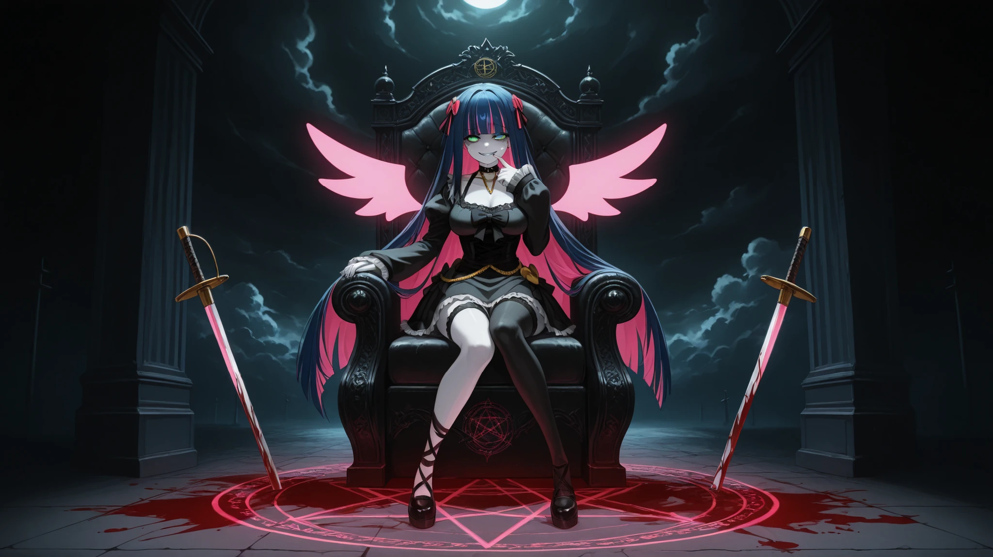stocking (psg) a beautiful girl holding sword with a creepy face standing in a dark room, finger to mouth, dark room with a throne and a light, her hands on the chains. and her clothing is torn, blood splatters all around her, she is wearing a black choker around her neck and black cuffs on her wrists. background with a pentagram, magic circle, 1girl, solo, unrivaled beauty, square bangs, neon lighting wings, gapmoe yandere, black eyeshadow, very long hair, two-tone hair, cleavage, smirk, green eyes, glowing eyes, long dark-blue hair, colored inner hair pink hair, ribbon, She wears blue-black stripped stockings, single thighhighs, medium breasts, blood on face, gold chains, pale skin, grin, creepy smile, grimdark, hair between eyes, gothic ta style, groin, good-looking, lace trim, miniskirt, taut clothes, fingernails, cloudy sky, (beautiful detailed eyes),Textured eyesStylistic eyes, make up, perfect hands, perfect face, ufotable,detailed, ,dark,gothic,dark theme
