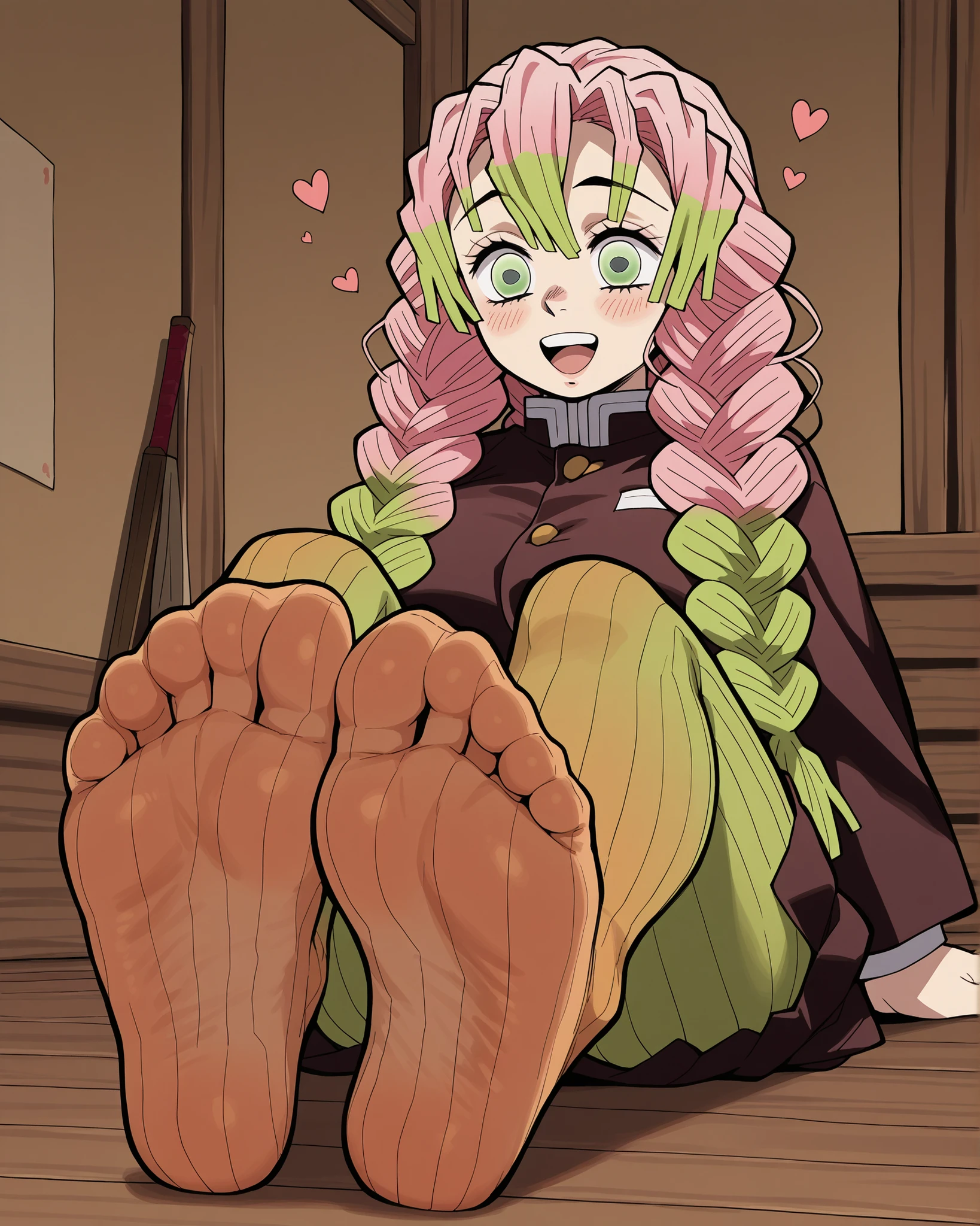 sketch, vintage, old style, Mitsuri ( Demon slayer) pink hair, big huge bobbies, open mouth, hearts around, sole of the foot, misturi clothes, brown room, close up