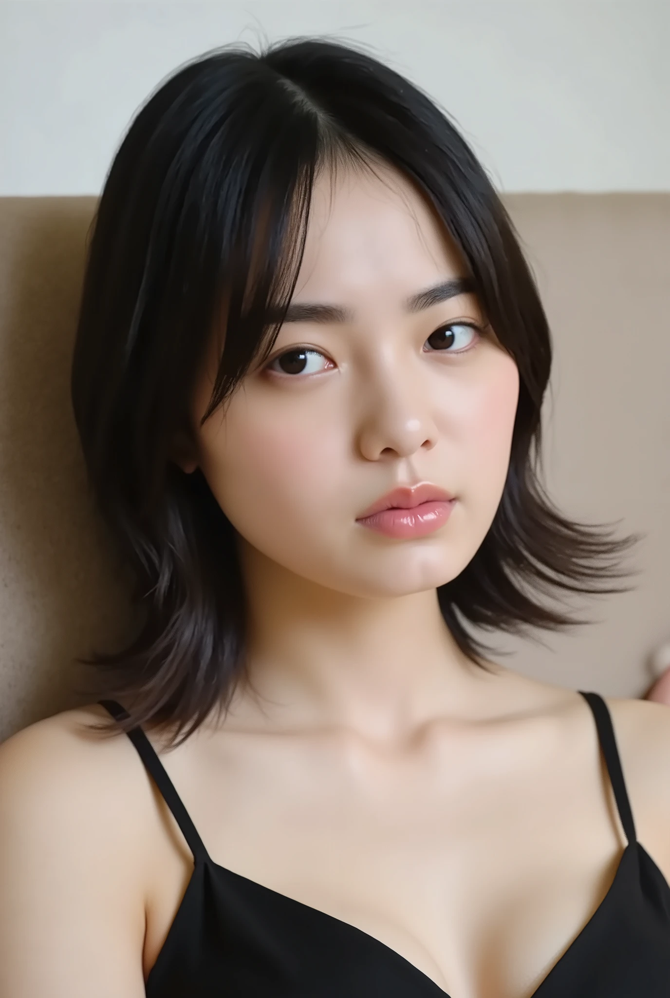 (( Highest Quality, 8K )), ((masterpiece)), ( details), Japanese, two-tone swimsuit ,1 girl on break day, Voluptuous women , sexy,( in the bedroom),((( abnormally large breasts , completely naked, beautiful breasts, short bob hair))), black hair , (( without makeup, small eyes))