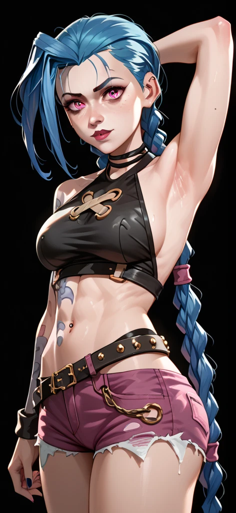 Girl, она opens the top with his hand, Showing tits, ,open one boob, big breastes, face disturbance, redness on the cheeks, bites his lower lip, open belly, short tight-fitting black denim ripped shorts, Semi-gloves on the hands, Jinx, jinx from league of legends, Jinx from League of Legends, sports body, sexy body, Detailed body,wide hips, Narrow waist,blue hair, thick-thighs