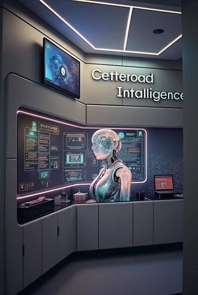A female robot is sitting working in a very modern science center with the word TAMRABPAILUANG.