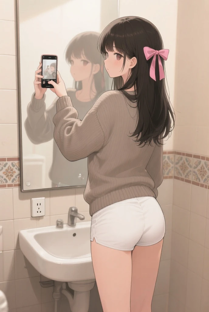 teens girl、mirror selfie、reverse bunnysuit、Ribbon Ties、A dark-haired、stright long hair、Crab crotch、masterpiece、highcontrast、cinematlic lighting、Detailed shading、top-quality、Top image quality