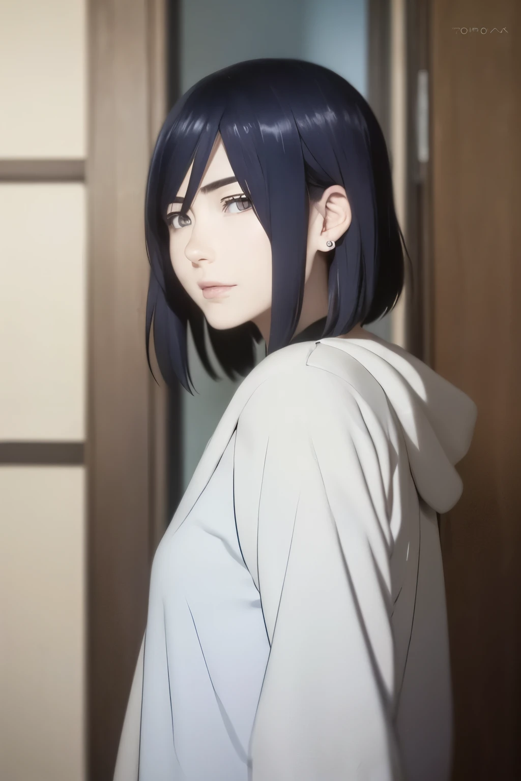 an hiperealistic shot of hinata(shippuden), ((izumi Nase)), Detailed eyes, short hair, straight hair, hair ornament,, (sweet woman), anime style, ((happy)), ((sweet)), ((delicated)), without bangs, ((navy hair))
((mature)), ((woman)), ((hiper detailed)), beautiful earnings, (((shonen style))), woman, 20 years old
