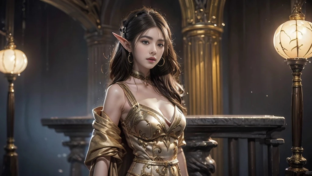 a woman with a gold mesh headdress pendant on her head, With a golden ring in her hand,Game CG, cinematic goddess , a beautiful fantasy empress, xianxia hero, 4 K detail fantasy, Art germ , xianxia fantasy, Inspired by Liu Yifei, 8k portrait render,alluring elf princess knight,(((gold Saint's costume))),dark brown Short-hair,(Temple),large boob, Game CG
