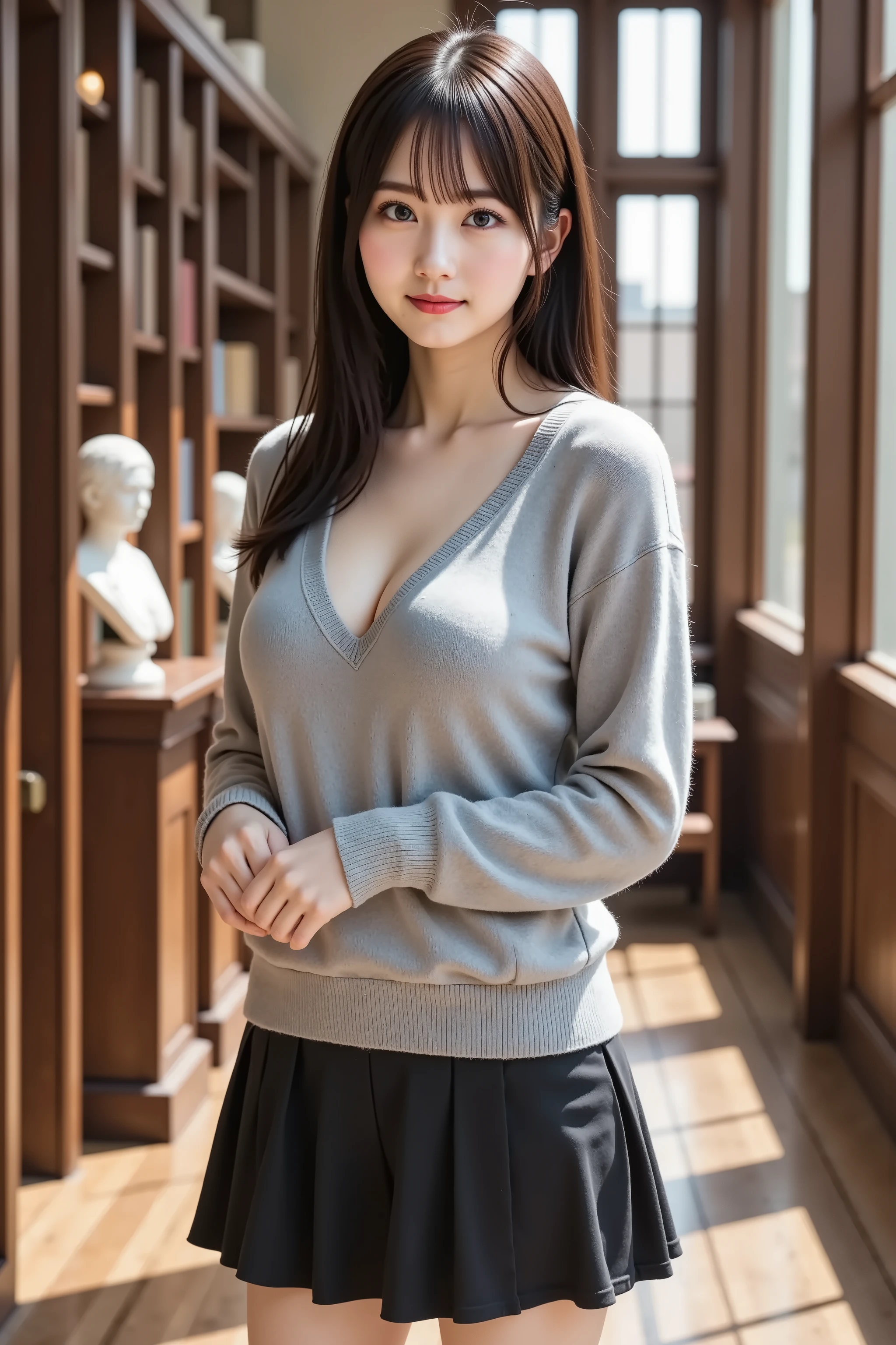 smile, A photorealistic digital portrait of a slender young woman with smooth fair skin and voluptuous firm breasts emphasized by a wide deep cleavage, each hair strand rendered with lifelike detail and soft stray wisps drifting around her shoulders and framing her face, wearing an oversized light gray cashmere sweater with a ribbed crew neckline and dropped shoulders, the sleeves extending past her wrists and bunched at her forearms, paired with a black pleated mini skirt at her natural waist with crisp knife pleats and subtle hem stitching, standing in a sunlit library corridor with tall floor-to-ceiling windows casting warm directional light over a polished hardwood floor and rows of dark wooden bookshelves filled with leather-bound volumes, arms gently crossed at hip level with fingers interlaced just above the skirt hem, elbows bent inward to accentuate her chest, shoulders slightly hunched forward to showcase her cleavage, head tilted downward slightly with a shy yet confident gaze meeting the viewer over delicate round eyeglasses, lips parted in a soft contemplative expression, weight shifted onto her right leg causing her left hip to jut outward, legs close together with knees almost touching and ankles lightly crossed, sweater fabric draping over her torso with gentle stretch lines across the bust, the sweater exhibits fine micro-perforations near the neckline and subtle pilling texture at the elbows visible in the soft diffuse sunlight, window mullions casting linear shadow patterns across her outfit, tiny dust motes floating in the beam, a mahogany reading ladder leaning against the nearest bookshelf and a small marble bust resting atop a wooden pedestal behind her, soft ambient glow from hidden wall sconces illuminating the top shelves, atmosphere of quiet intellectual allure and fresh morning tranquility in a full-body vertical composition.