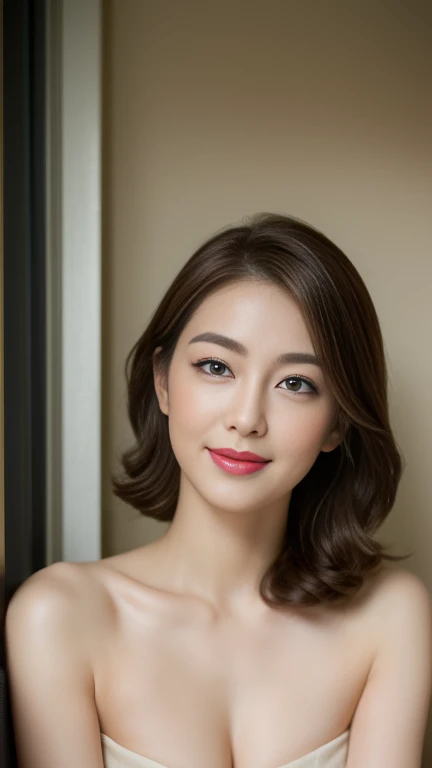 (Raw photo), (Photo realistic), (masterpiece), (Highest quality), High resolution, 8K resolution, (Exquisite detail), (Volumetric Light), whole body,Portraiture, woman, Age 35, short hair, Straight Hair, Brown haired, Very white and translucent skin,Highly detailed eyes, Source Order, Very fine eyebrows, eyelash,Highly detailed skin, Highly detailed mouth, Highly detailed nose, The best beauty,Cute like an idol, Smile, ((Look at the viewers)), (naked), Random Body Orientation,Ample breasts,valley