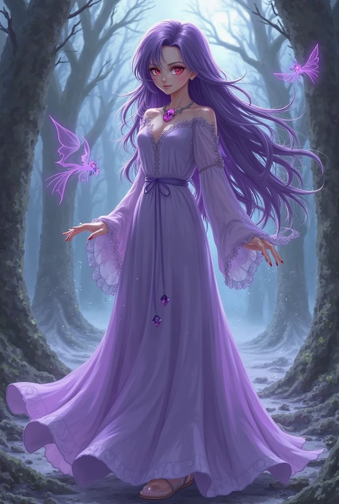 Brown Hair Long Hair woman Purple witch-style clothes anime style Sulky face