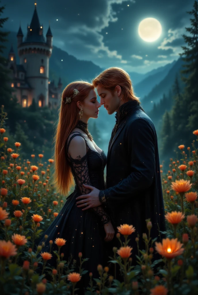 Dame and knight sitting on grass,they are facing the moon while holding hands