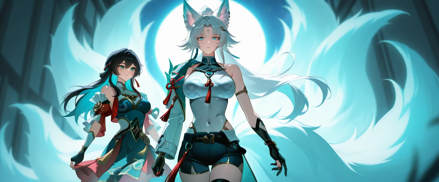 work of art, best qualityer, high resolution, 1 girl, synonym 1, scarf, mitts, ninja mask, long sleeves, short, White hair, white cat ears, white cat handle, roupas de rogue, thigh strap, holding, holding faca, ruins, heterochromia, yellow eye, blue eye, hooded cloak, rogue, ninja