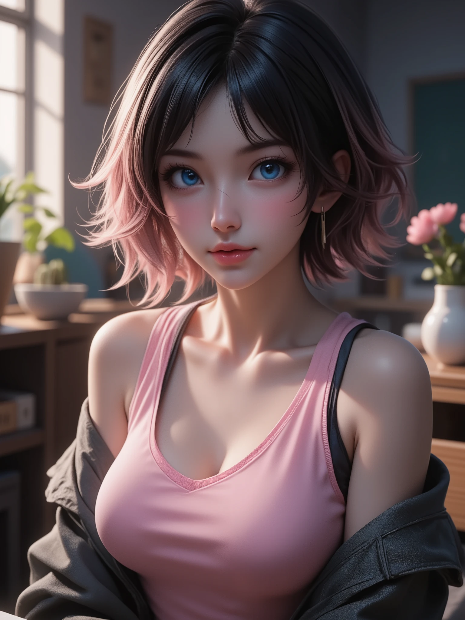 best quality, masterpiece, High resolution, portrait, actual, blue eyes, black pink short hair, tank top, jacket, cleavage, 8K resolution, high quality CG, Beautiful CG, Soft Light, fashion brand image, Fashionable and casual, The Tyndall effect, lifelike, studio, Side lighting, (HD Skin:1.2), 8K超高清, high quality, Volumetric lighting, confess, photography, 超High resolution, 8K, Bokeh, Shallow depth of field, wearing glasses, class room