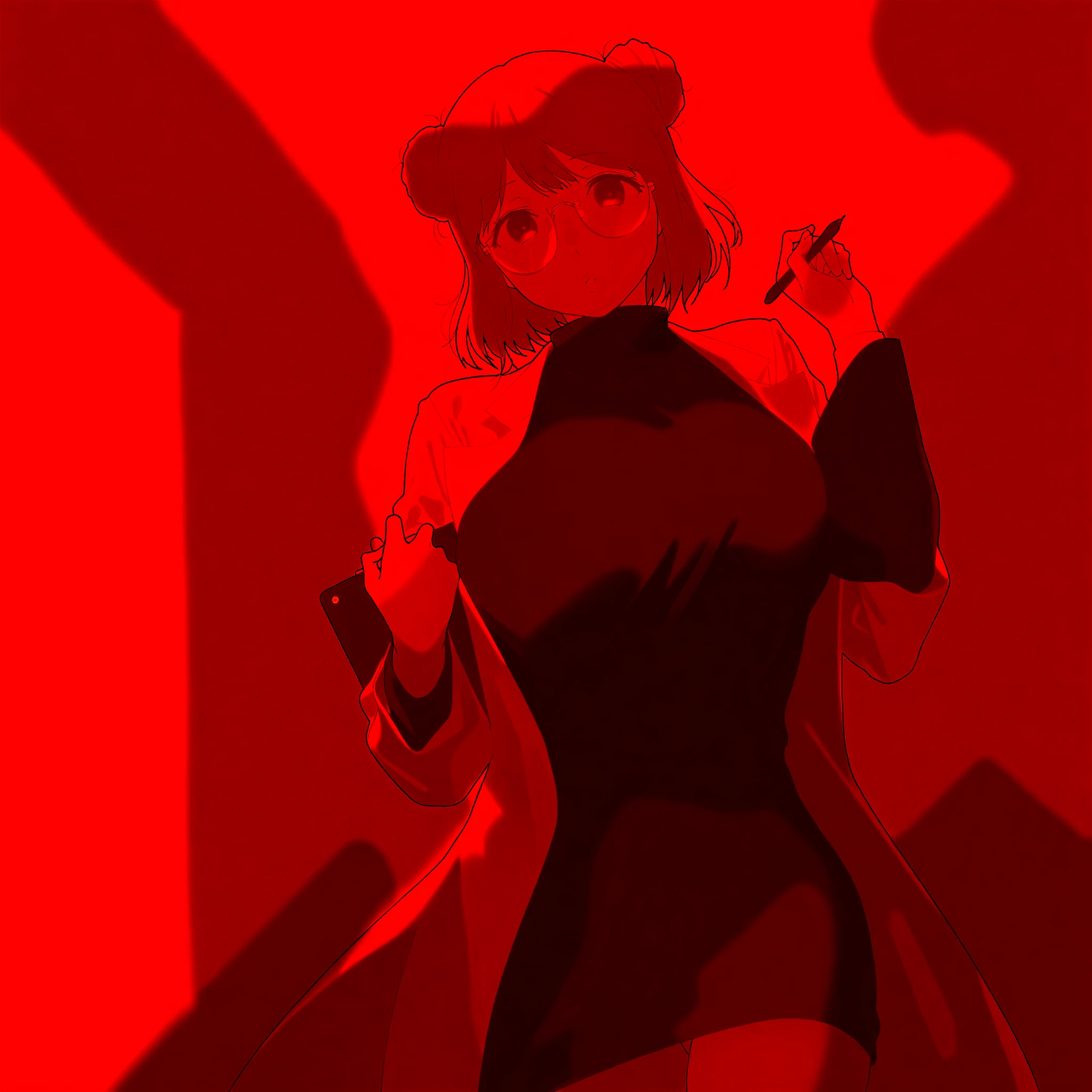 score_9, score_8_up, score_7_up, score_6_up, score_5_up, score_4_up, (source_anime), huge breasts, (1girl),(masterpiece, best quality, ultra-detailed, super high resolution), anime style, 1girl, custom-made wine-colored long sleeve gabardine shirt with no visible buttons, black striped fitted dress pants, sleek and form-fitting, large headphones on head, simple dynamic pose, confident stance, minimalistic background, full-body view, smooth shading, clean lines, vibrant colors, cinematic lighting, Speaker Woman, humanoid female with a large red speaker for a head, sleek black pinstripe suit, fitted jacket with a tie, long sleeves, form-fitting pants, confident and assertive pose, black gloves, glowing red, vibrant red background, siple lighting, dynamic composition, smooth shading, clean lines, clear focus, full-body view, real human body, robot_head_speaker_woman, robot_head, Black full body suit elegant with stripes with, Red shirt underneath,