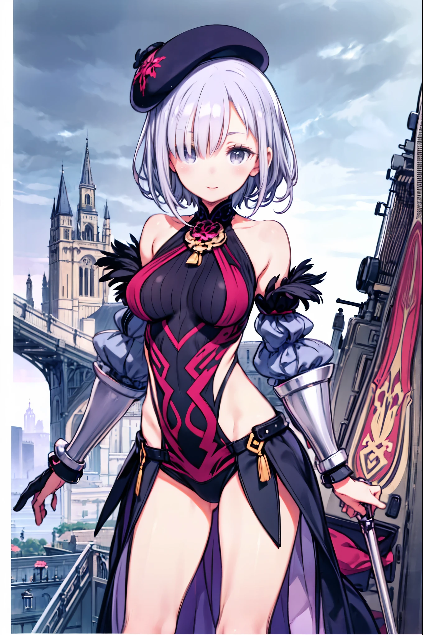 fantasy, 1girl,young_teen, ,silver_hair, short_hair, long_bangs, bare_shoulder,thighhighs,silver_armor, waist_armor, large_breasts,half_eyes,floating, bare_crotch, headgear,gauntlet, greaves,city_background,slightly_spread_legs, solo, groin_naked,hair_over_one_eye,