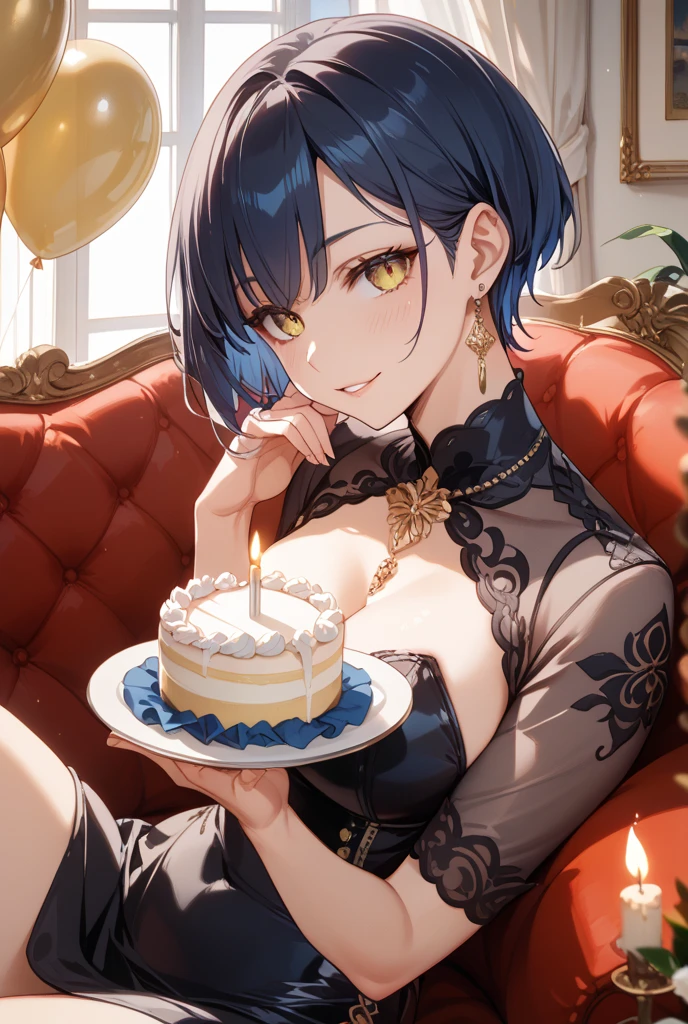 (Perfection), masterpiece, 1girl, birthday, black hair color, birthday party, birthday cake, sitting by table, cute, big boobs, happy expression, smiling, happy birthday, sitting by table, adults, short hair, bob haircut,l, short black bob hair, confetti, amazing scenery, birthday decorations, painted nails, birthday hats, adorable, ethereal scenery, gold birthday cake, shiny pink dress, laying on bed, multiple cakes, bending over, standing, embarrassed, audience behind, celebrating, happy birthday text on cake