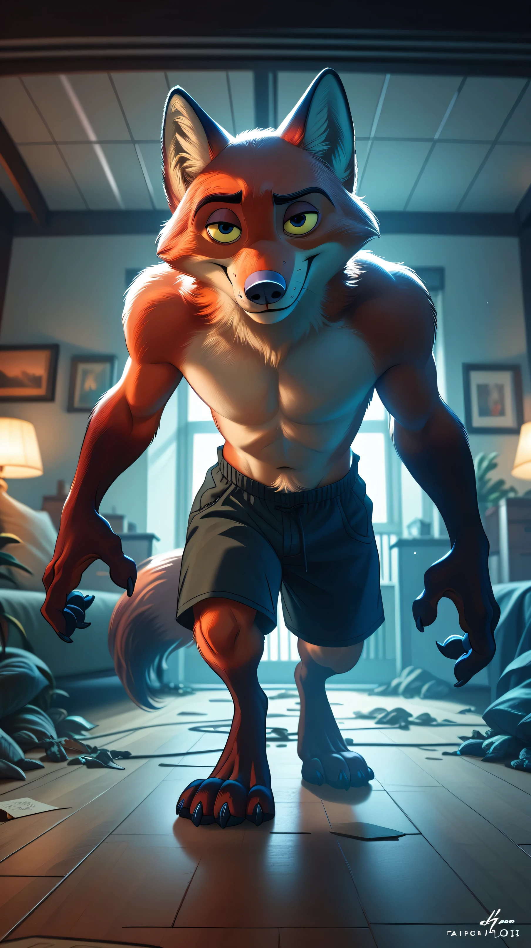 NickWilde fox , yellow sclera, solo, detailed, detailed face, black eyes, anthro body, male, adult, muscular, cartoon shading, cel shaded:1.0, flat colors, (no background, white background):1.5, shirtless, wfa style, negger style, cartoony anatomy, above waist, looking at viewer, posing, smile put buff body