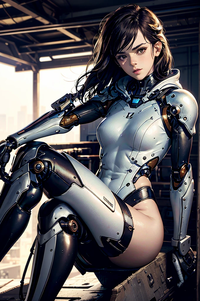 (masterpiece, top-quality, top-quality, Photorealsitic、Raw photo、8k,Official art, Beautifully Aesthetic:1.2), (1girl in), (Fractal Art:1.2),absurderes, hight resolution, ultra-detailliert, Ultra-precise depiction, Ultra-detailed depiction, 独奏, (Zentangle:1.2), Floating hair, (Thin, Thin body: 1.2), Suntan-Skin, shinny skin, (offer:1.2),CBPKV5, panthyhose,Look at viewers, full body Esbian, cyberpunk robot, complex robot, The halo, Moon Cryptova、Hajime sorsysma、