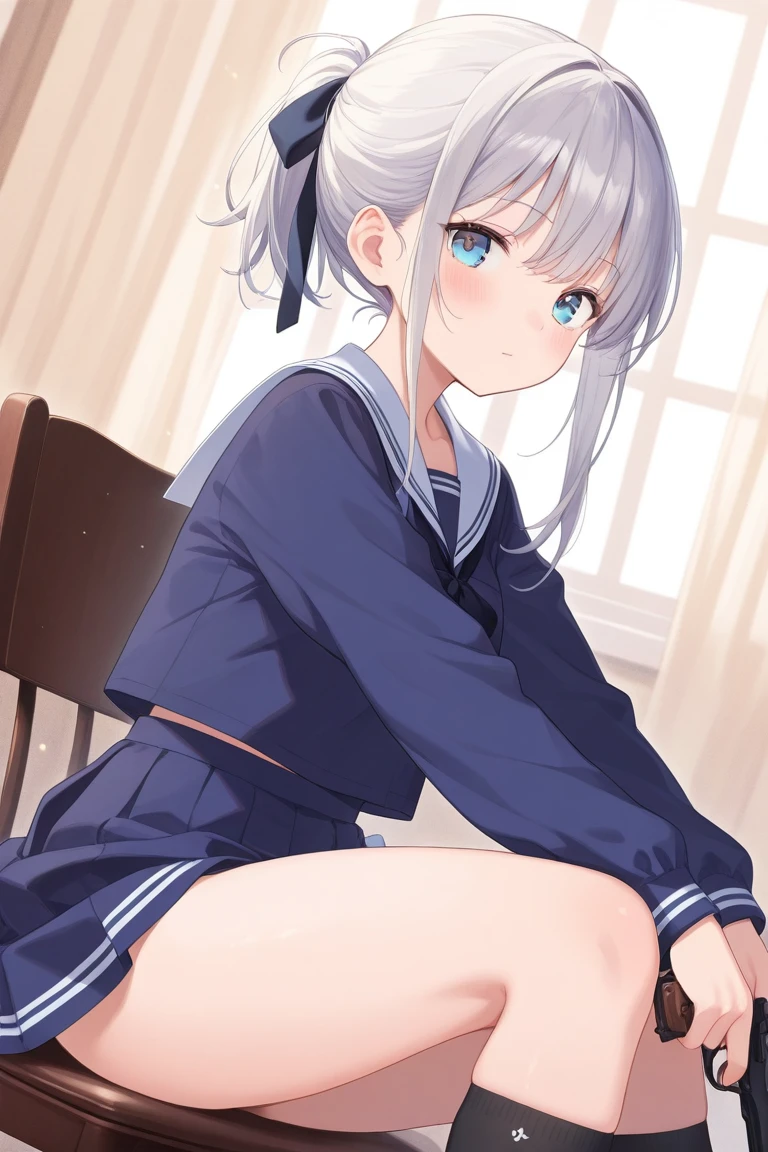 (masterpiece, best quality:1.3), One girl, chignon, (ash Hair:1.3), smile, (Looking up:1.2), Medium chest, sailor suit, blue ribbon, blue skirt, Particles of light, Speckled sunlight, (Sitting with knees apart:1.3), hold down the skirt with both hands, on the bed