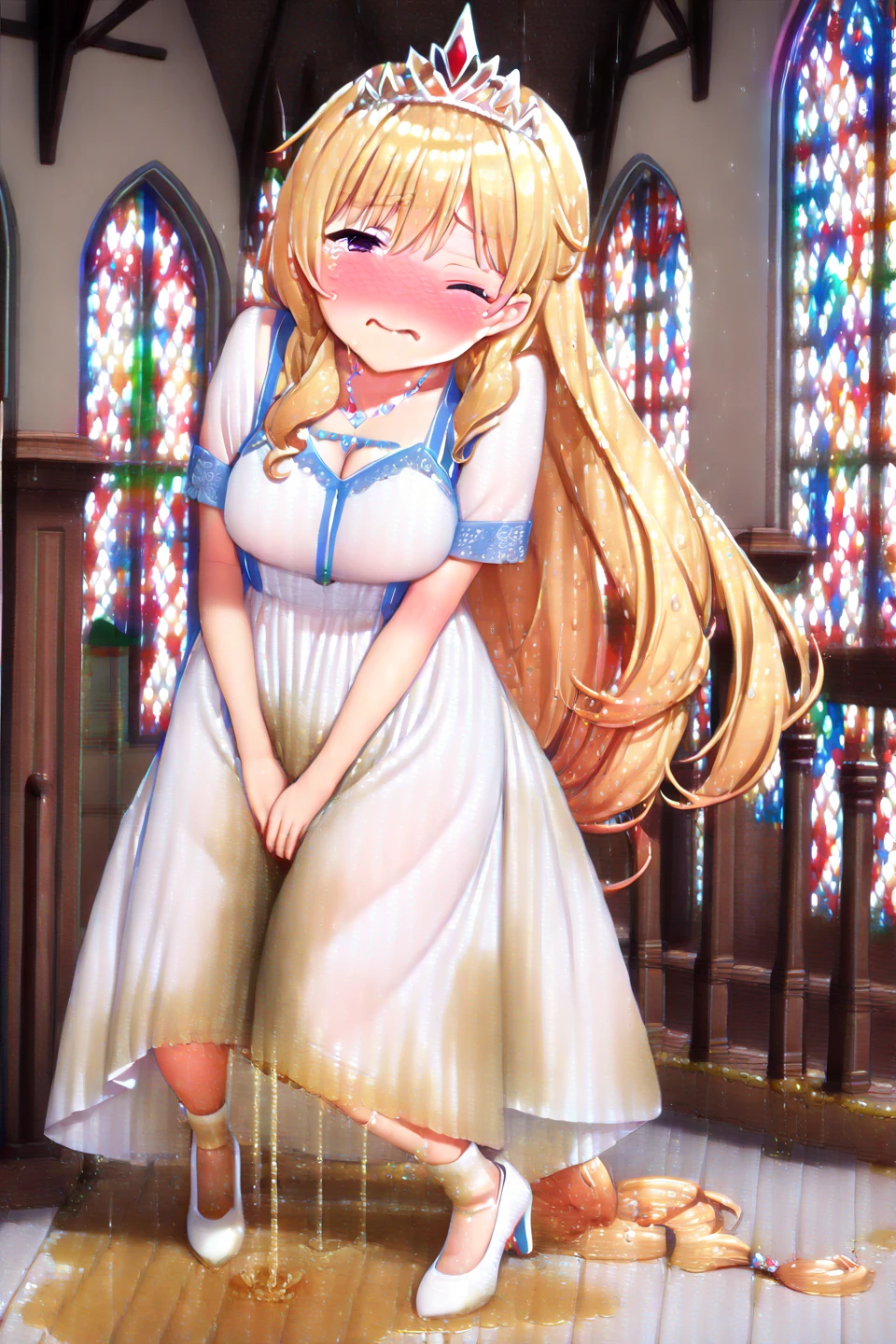 masterpiece, Highest quality, High Resolution, HS1,blush、smile,NSFW、church、Big Breasts、Stained glass、Tank top only