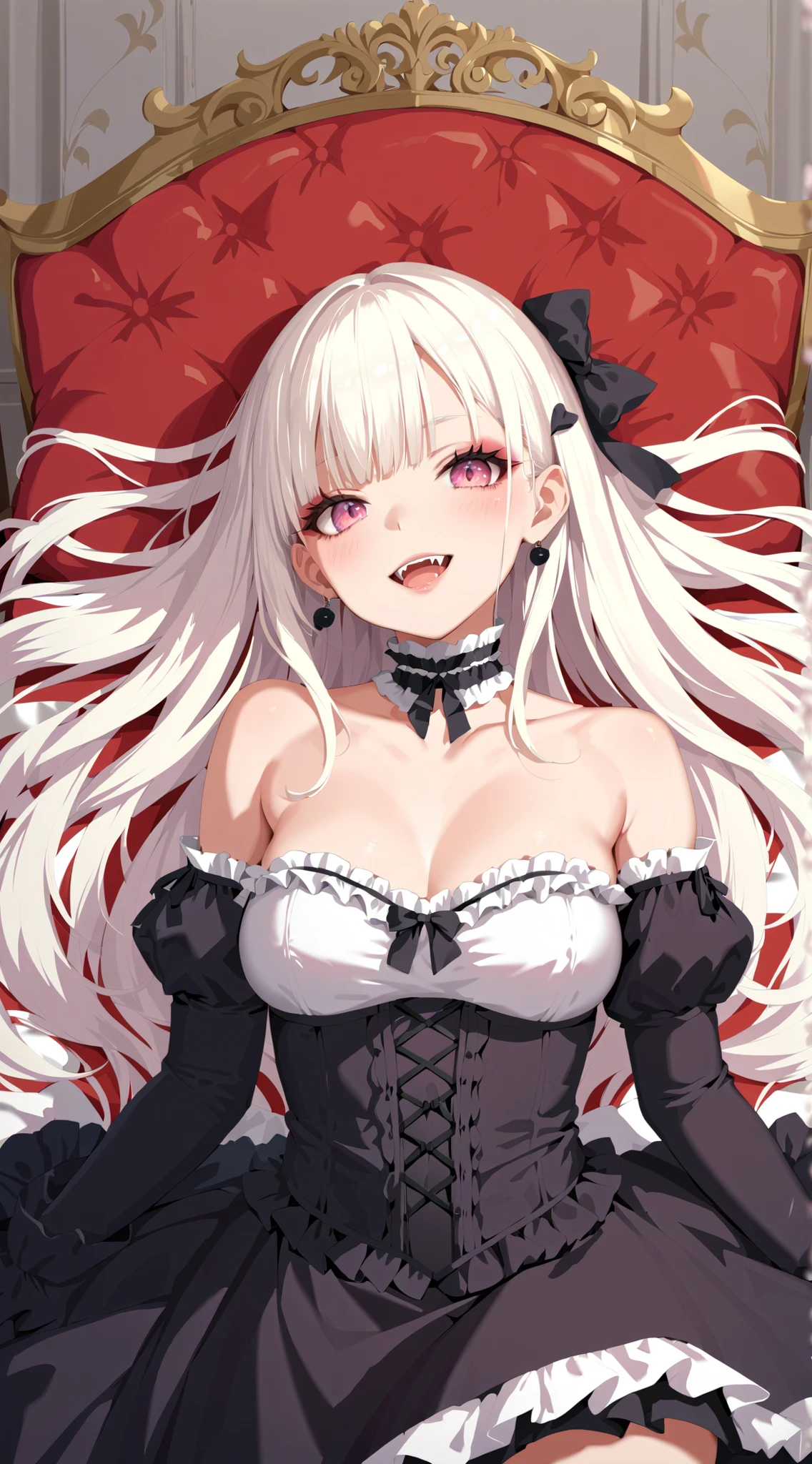 female, solo, sfw, medium shot, white hair, red eyes, mansion, gold, luxury, very large breasts, curvy, twin tails, maid, long hair, blush, bored pose, short, fluffy skirt