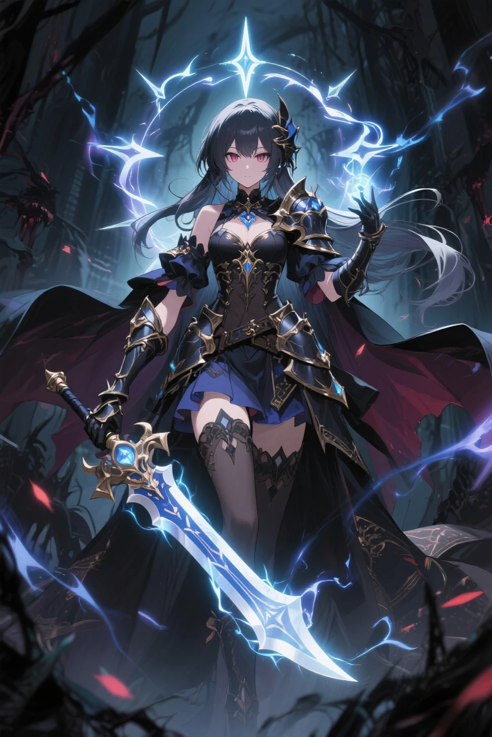 medium shot, Full armor, metal shoulder armor, metal gauntlets, stag helmet long horns, long worn cloak, 1woman, Solo, woman with grey skin, woman with long dark grey hair, hair reaching back, messy hair, Walking through the Citadel, Looking at Viewer. Gothic. neo gothic, carrying staff , dark green crystal on staff, Science fiction, warlock, Splatter. In the style of Adrian Geny, by Esao Andrews, Jenny Saville, Edward Hopper, surrealism, Dark Art by James Jean, Takato Yamamoto, Minimalism of ink punk. in style of tim burton. In the style of the corpse bride, necromancy