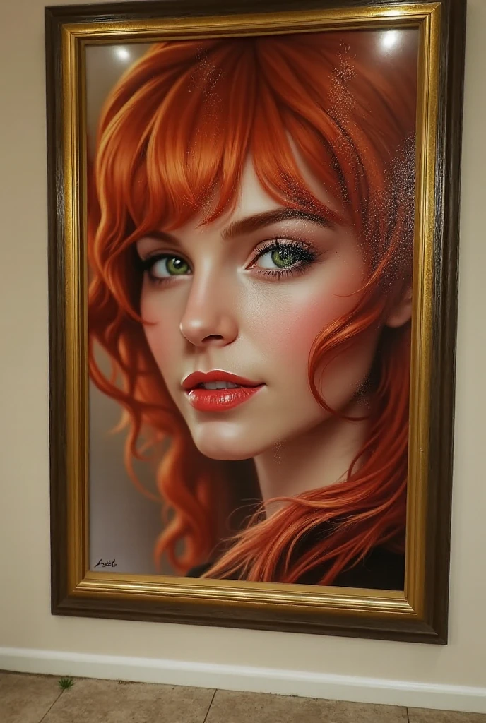 a beautiful woman with red hair, green eyes, light complexion, the woman has paint and a canvas where she is painting an oil painting version of herself, She is looking at the canvas while painting on it