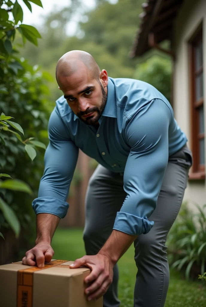 A Hispanic black man with a face that looks like Henry Cavill. black man, His body is muscular and he has a toothed beard.. Big Butt, in a moment of reflection. full body. Fajada shirt, semi formal clothing, grey pants, backside.
