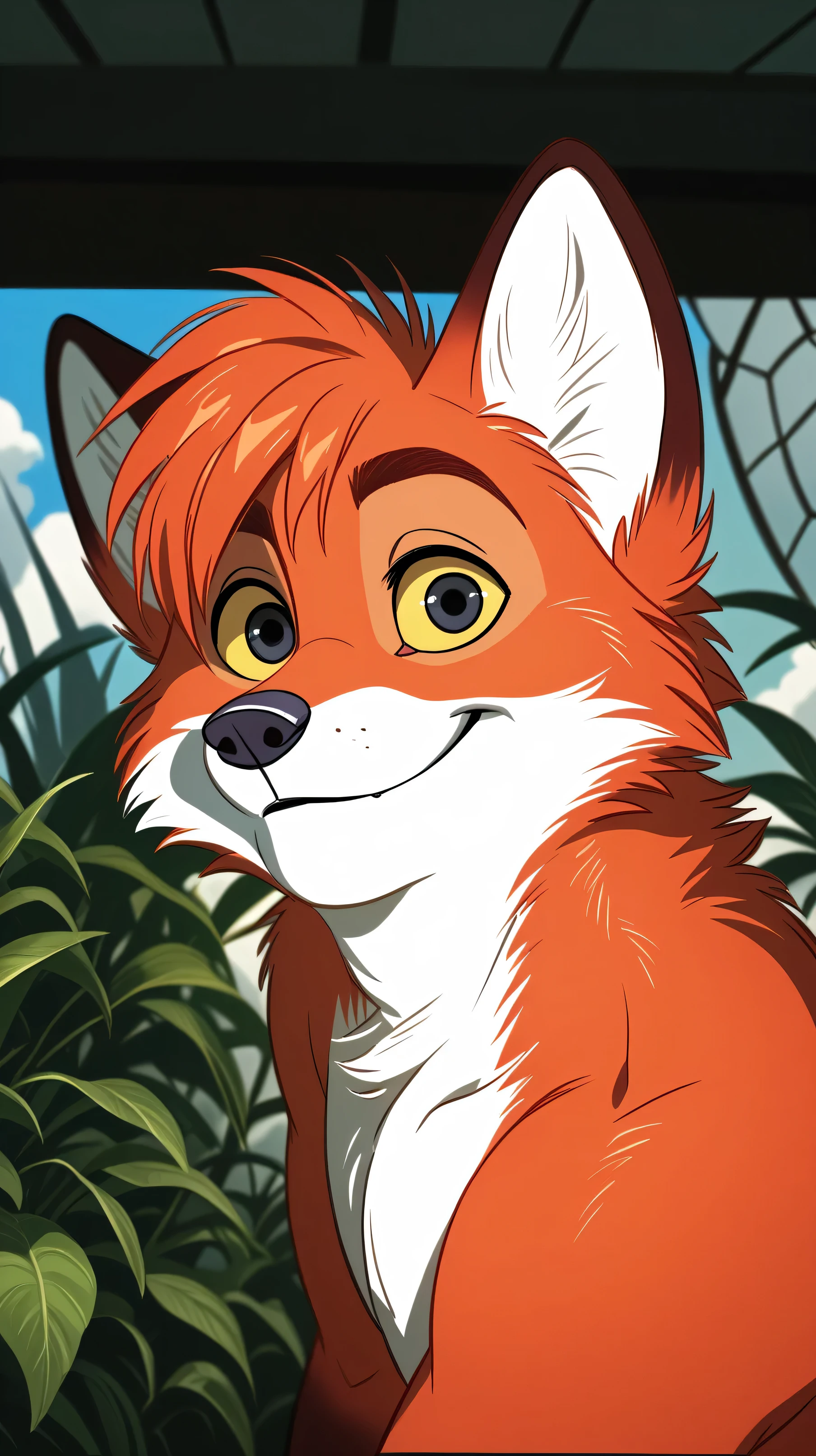 NickWilde fox , yellow sclera, solo, detailed, detailed face, black eyes, anthro body, male, adult, muscular, cartoon shading, cel shaded:1.0, flat colors, (no background, white background):1.5, shirtless, wfa style, negger style, cartoony anatomy, above waist, looking at viewer, posing, smile put buff body