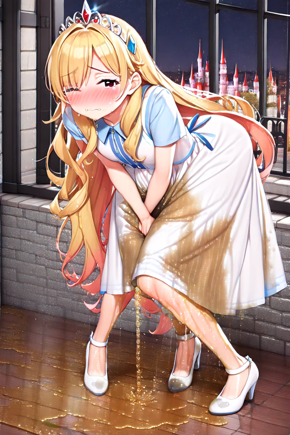 nsfw, (masterpiece, top quality, best quality, highly detailed:1.6), extremely detailed CG unity 8k wallpaper, (1 princess in the castle hall, indoor, White princess dress, silver tiara:1.4), (Unsurpassed gorgeous rococo victorian gown with voluminous hoop skirt and long hems, princess style skirt), strong facial expression, (sharp eye:1.2), (scowl:1.1), (embarrassed,blush:1.3), (steam:1.5), (wet, sweat:1.1), (trembling:1.3), (parted lips, harf open eyes:1.5), (feeling weak:1.5), (shoot from front, looking at viewer:1.1), (squatting, skirt lift, clutching skirt:1.3), White high-heels, (long hair, Blonde hair, pubic hair, Blonde:1.5), (girl trembling with sexual climax:1.5), colorful, full body, wide shot, perfect composition, (chrotch, pussy, urethra, panty, panties), urination, incontinence, piss, peeing self, A lot of pee, having an accident, pee running down legs, (((pee stream))), (pee puddle), wetting herself, pee stain, peeing, blush, trembling, embarrassed, large breasts, Yellow pee, ((leaking pee)), Shaking one's shoulders, Breaking a sweat on forehead, puddle of pee, Pee at your feet, Pee spread on the floor, Pee stains, Dripping pee between my legs, Feet wet from pee, Pee-covered feet, Pee at your feet, want to pee, about to pee, Full bladder, Pee-soaked dress, Pee-soaked high-heels, natural makeup,