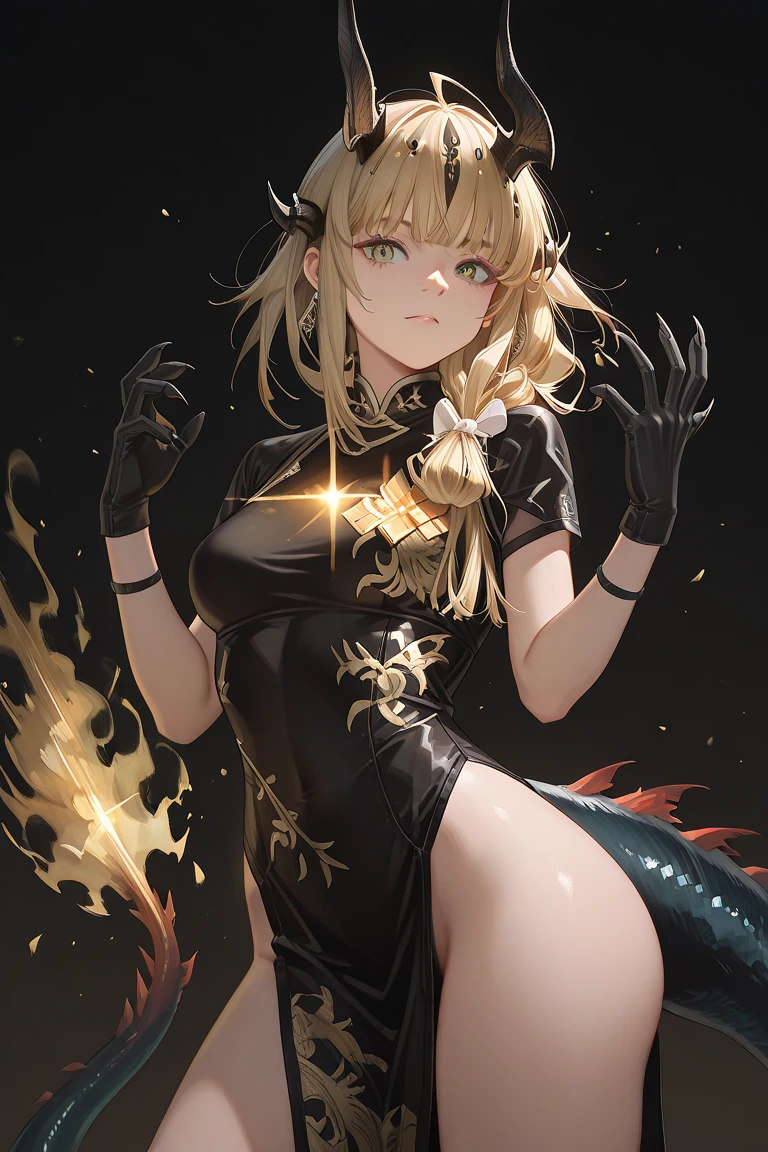 a beauty girl,Black and gold cheongsam,black lence stockings,Ancient wind,China-style,Chinese tradition,cleavage,(blond hairbl),cabellos largos dorados,green pupills,(Delicate face),folding fan,hair-bun,耳Nipple Ring