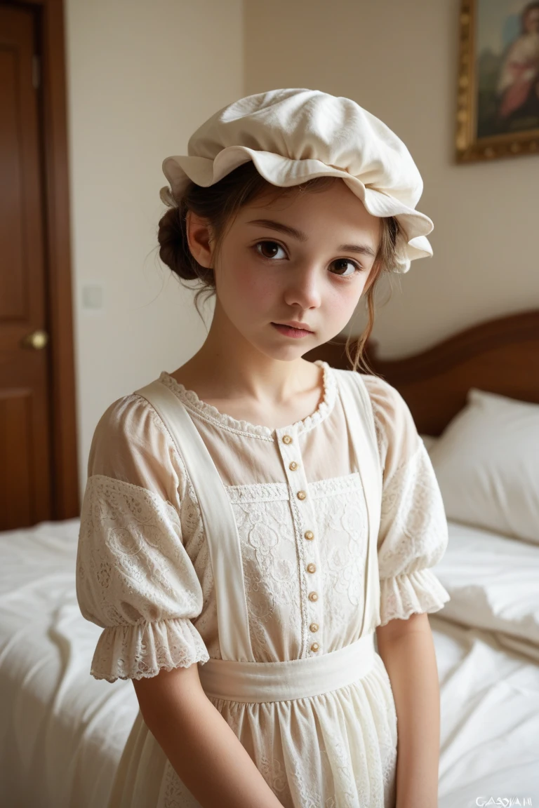 ((A high resolution)), ((pale skin)), blonde  (age 5 years old girl), with blue eyes, Blushing cheeks, short hair, big breasts, like a fantasy druid in stockings  