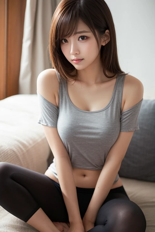 ((masterpiece))、((top-quality))、a picture、Realisticity、high-level image quality、ultra-detailliert、Delicate facial features、short-cut、Realistic backgrounds and accessories、large and soft chest、age 40s、married woman、Plump body、Pitch-dark bedroom、Sexy smile、beige short sleeve t-shirt、see -through、Colossal tits、indirect lighting、shadowy、bedsheet、thighs thighs thighs thighs、plump、Leaning forward、