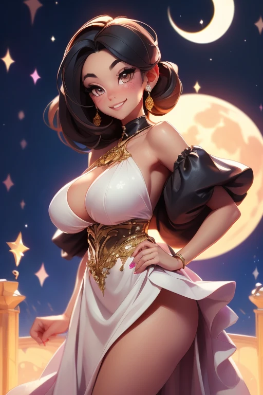 1 hot girl, dark skin, black eyes, high-slit dress, low-cut cleavage, halter, thigh cleavage, grin, slutty, gorgeous, huge breasts
