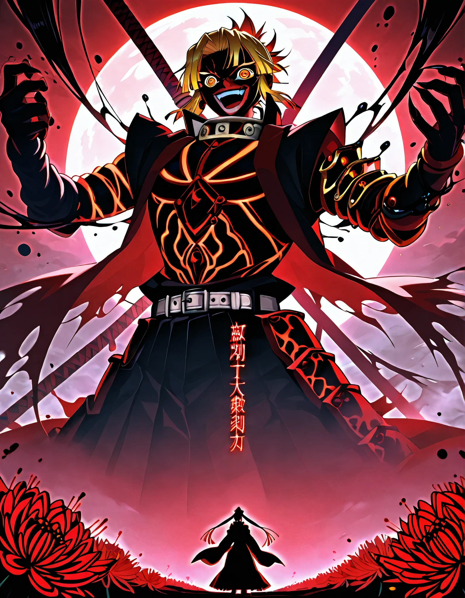 masterpiece, 8K ultra-detailed, Kimetsu no Yaiba, a cursed umbrella sealing Zenitsu and Muzan’s hellish resonance, canopy split with jagged black thunderbolts glowing vividly and blood-red mist blooming into a cursed flower. Frame carved with Upper Moon Three runes, Zenitsu’s golden hair sways faintly, his gas eyes trembling with despair yet defiance, half-fading into shadow for TikTok motion effect. Muzan’s silhouette pulses with black blood, his crimson eyes laughing in eternal obsession, entwined with the flower’s thorns. A hauntingly beautiful hymn of doom, high-contrast dark reds, yellows, and blacks optimized for TikTok slideshow drama. [LoRA: Dark Fantasy, 0.9; Anime Emotion, 0.7; Subtle Horror, 0.6; Zenitsu LoRA, 0.5]