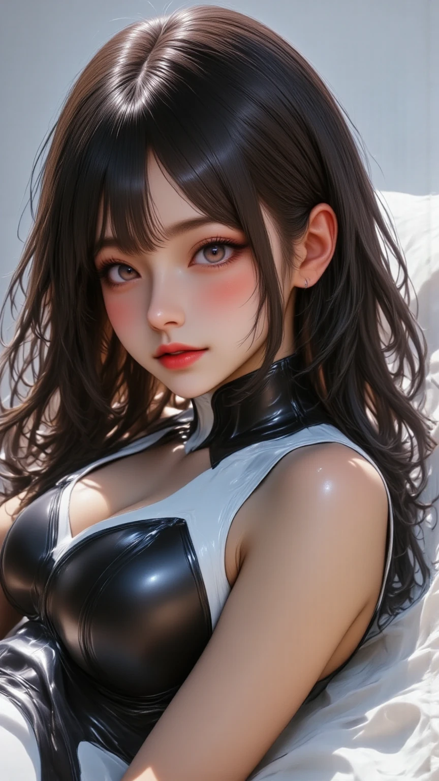 (Highly detailed body、Middle hair、Lightly wavy hair、Weeping bangs、dark brown  hair、beautiful detailed hair、Delicate beautiful face、seducting smile、beautifully detailed eyes、Authentic skin texture)、((White racing suit、gloves、cleavage of the breast、Constriction)）、to stand、Very detailed 8k wallpaper、very precise details、（1girl、Moderately big、28 year old、A MILF、）、（eye liner、Narrow-eyed、red blush、dark-brown eyes）alluring face、perfectbody、japanes, glistning skin、high gloss skin、Professional Lighting、Intelligent and cool adult woman、the hair flutters with the wind