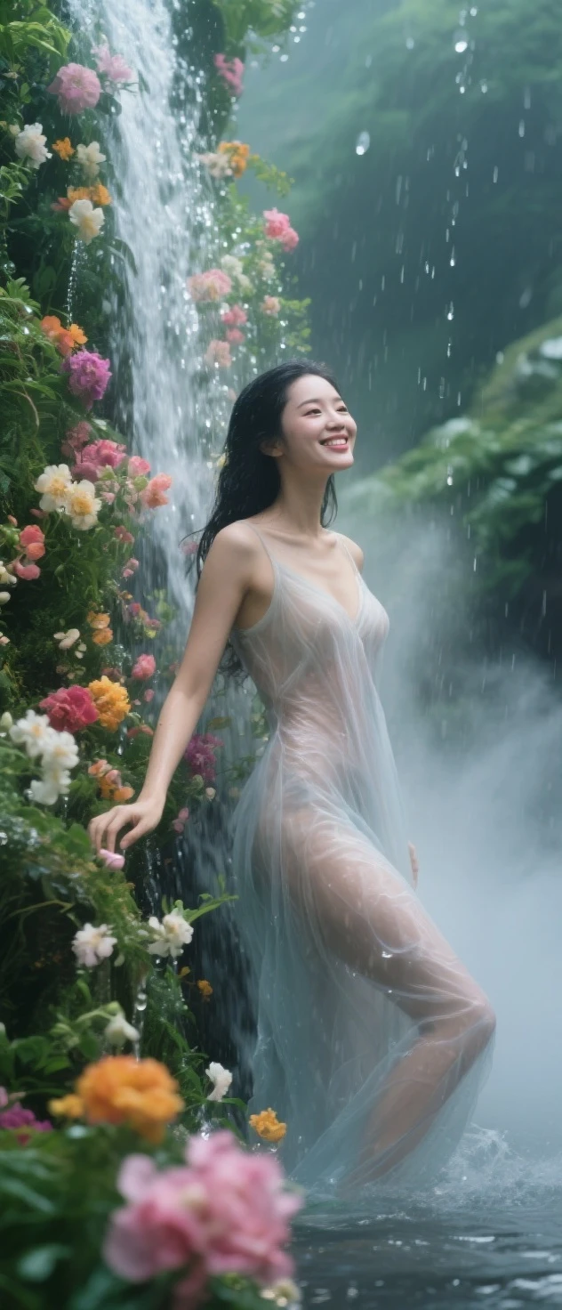 (highest quality、4k、masterpiece:1.3)、Beautiful woman、1 girl、sexy:1.1、dark brown hair:1.1、highly detailed face、lip details、detailed eye、double eyelid、(Pink nipples are transparent)、(Translucent off-shoulder wet white dress)、(she is wet)、(A woman taking shelter from the rain in a park waiting room)